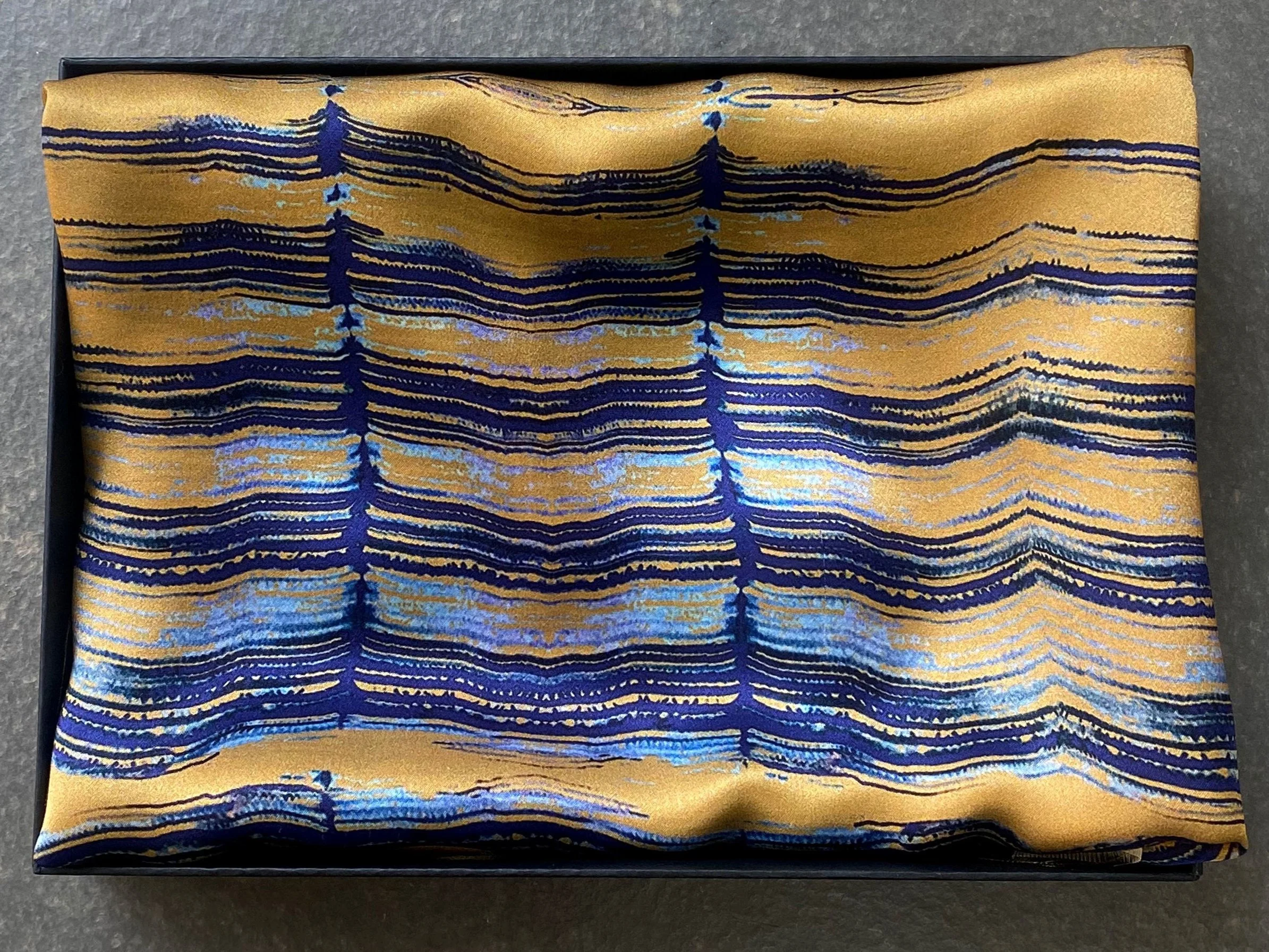Silk Scarf - Aegean Stripe - yellow with inky blue hand painted stripes design