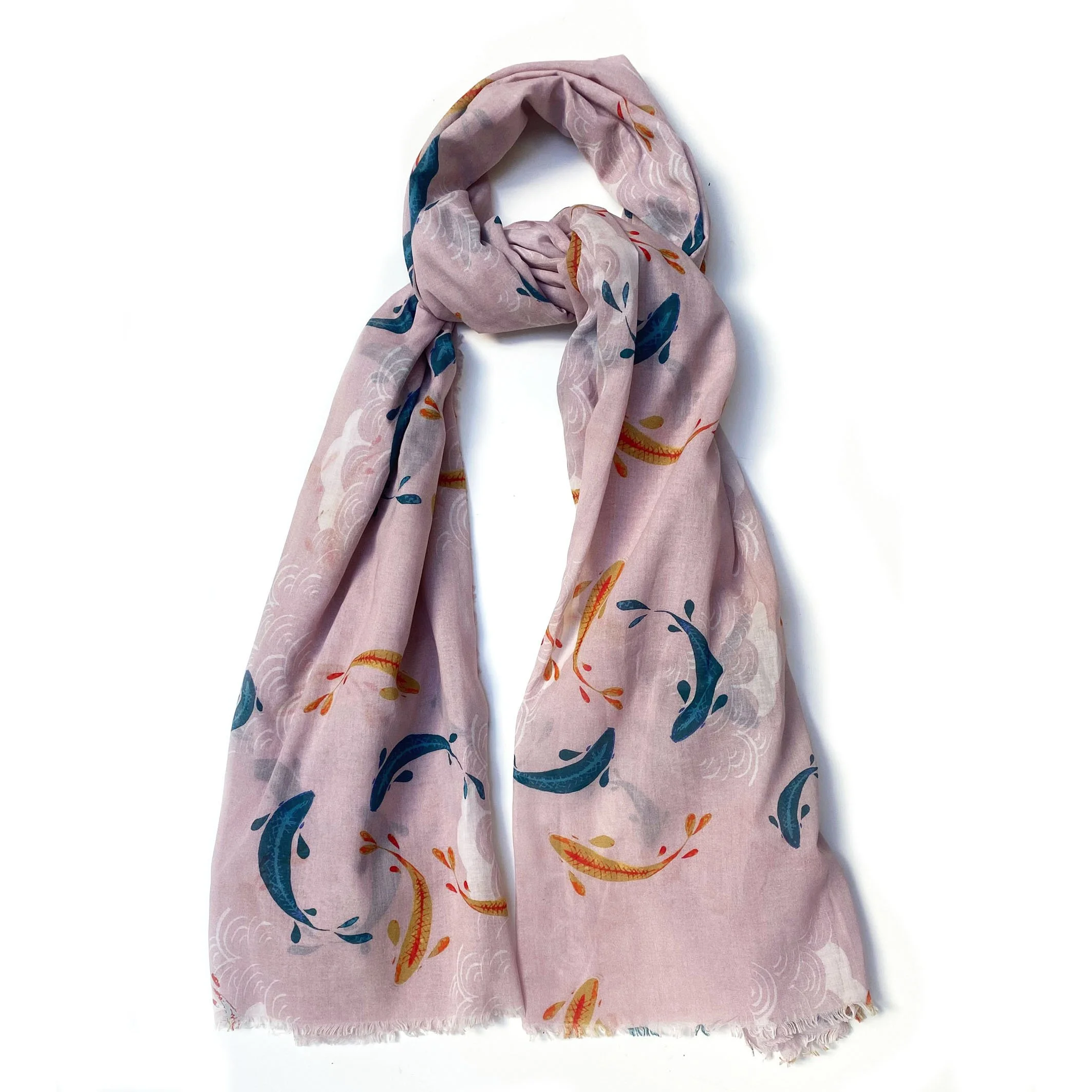 Sarong Scarf - Lucky Fish - Pink - with green, white and orange fish design on floaty cotton.