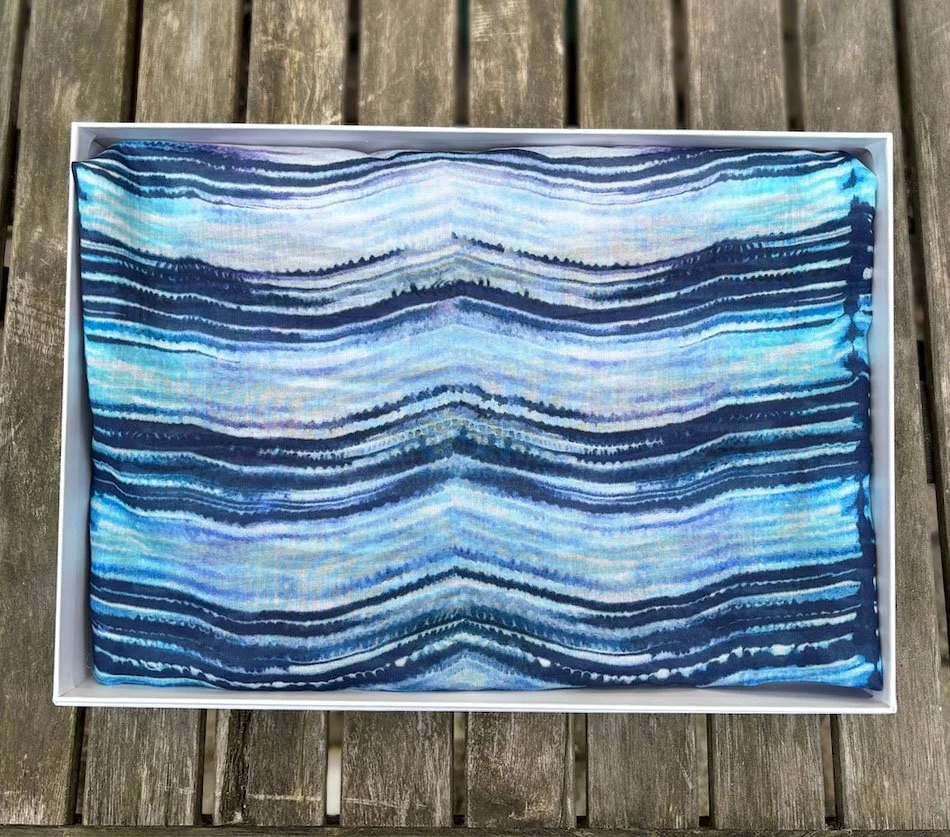 Sarong Scarf - Aegean Stripe - Pink with Inky Blue hand-painted Wavy Stripe design
