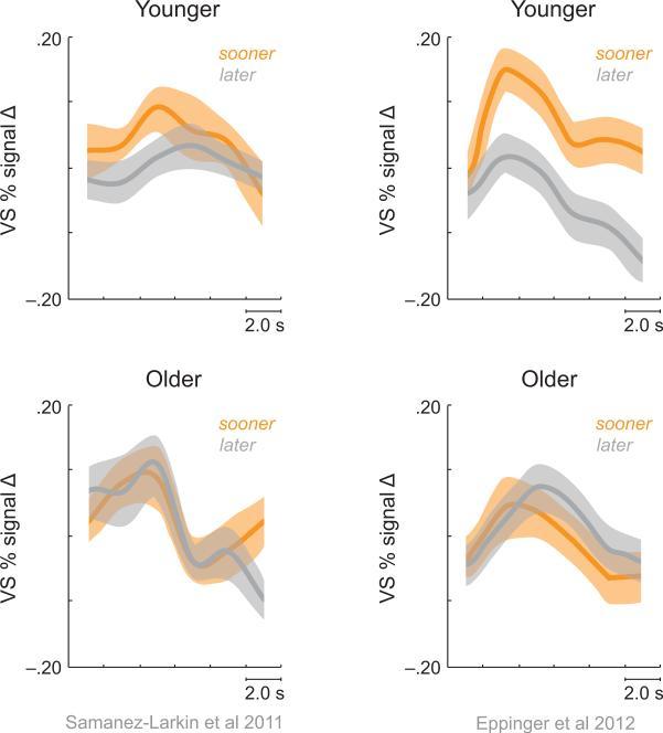 These graphs illustrate the difference in activity in the ventral striatum of the brain when older and younger people are presented with long and short term rewards. Gregory R. Samanez-Larkin