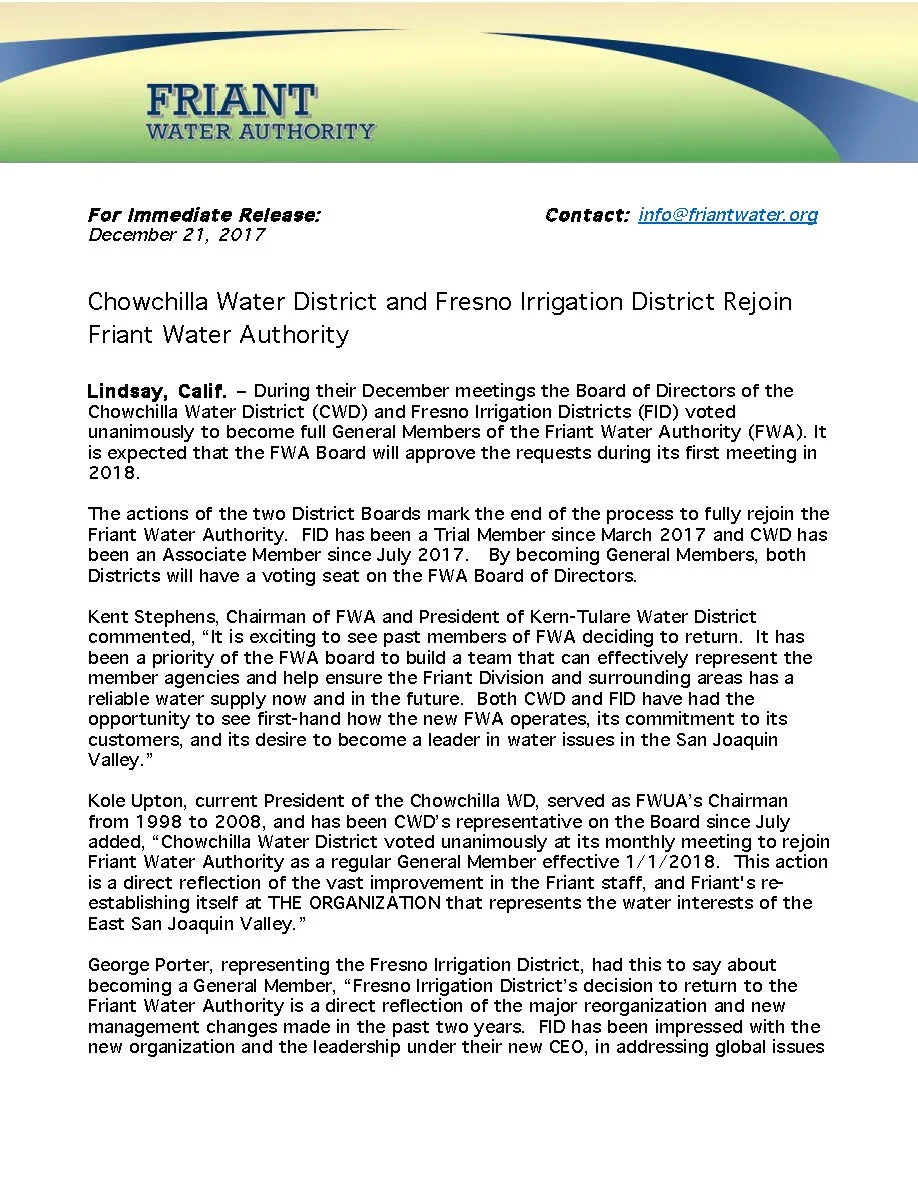 Chowchilla Water District and Fresno Irrigation District Rejoin Friant Water Authority