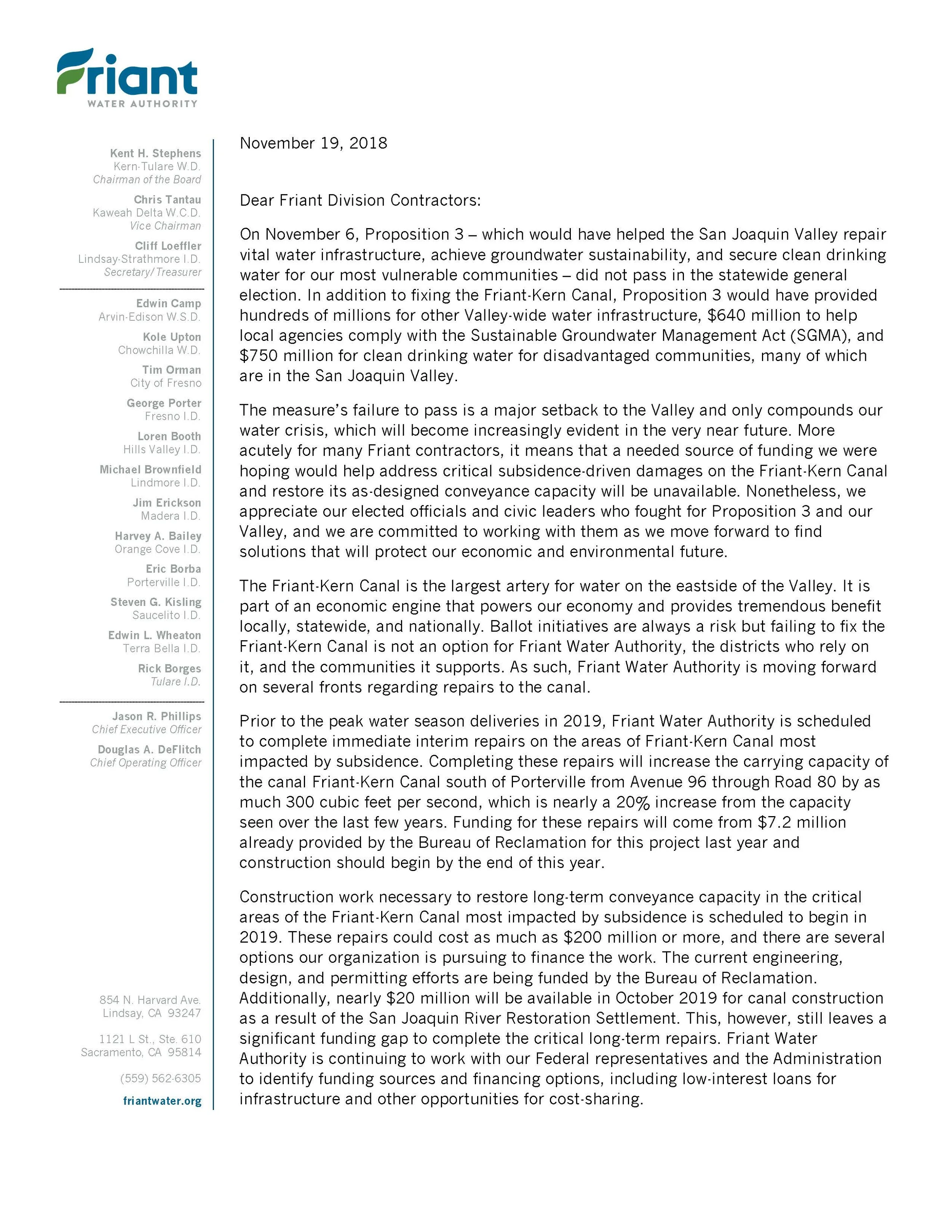 Letter to Friant Contractors on Next Steps for Friant-Kern Canal Repairs