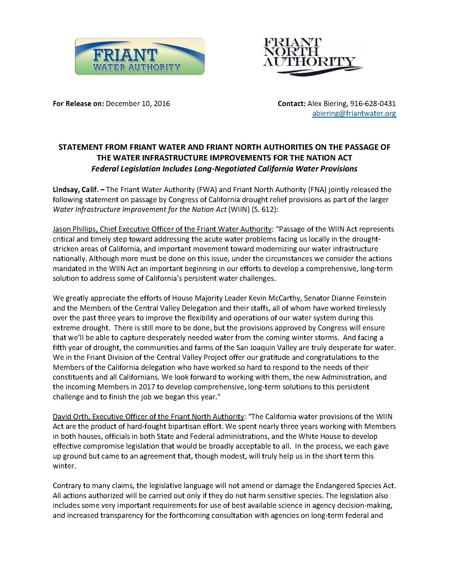 Statement from Friant Water and Friant North Authorities on the Passage of the Water Infrastructure Improvements for the Nation Act