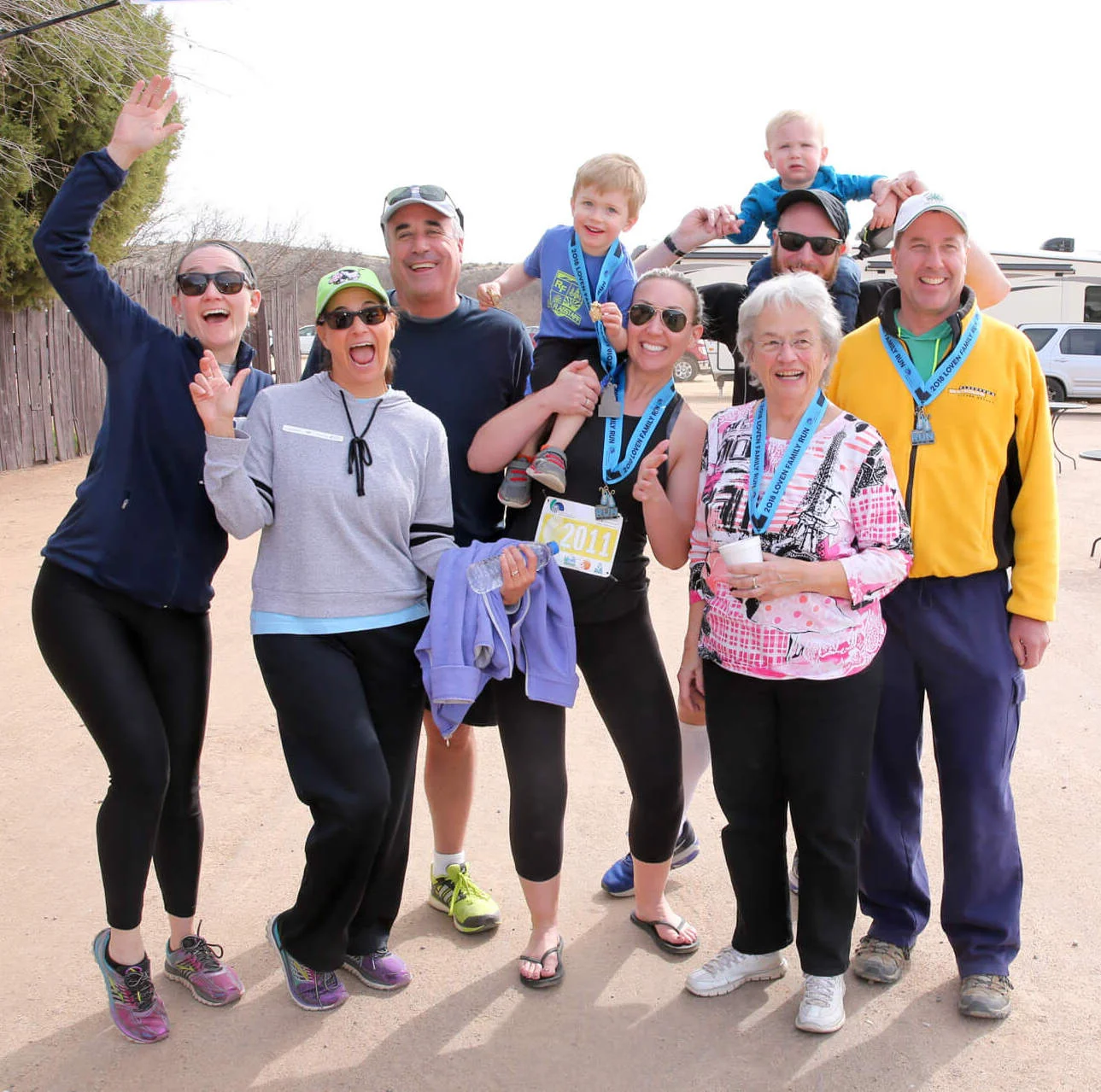 Mike Loven (3rd from left) and his family at the Loven Family Run. Members of the Loven family: Whitney Sheen, Kirsten Loven-Butzow, Mike Loven, J.R. James, Ashley Sheen, Pat Loven, Richard James, Elliot James, and Steve Butzow