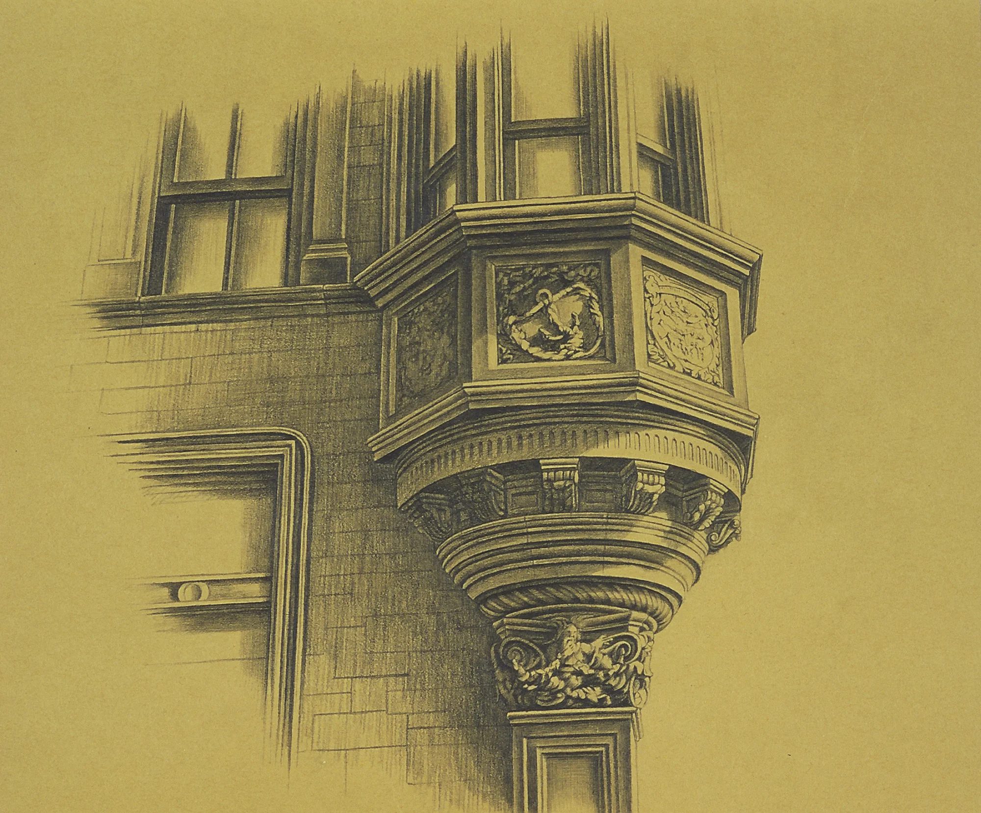 New England Building, 10"x10", 2012, Graphite and Oil Pigment on Paper, Private Collection