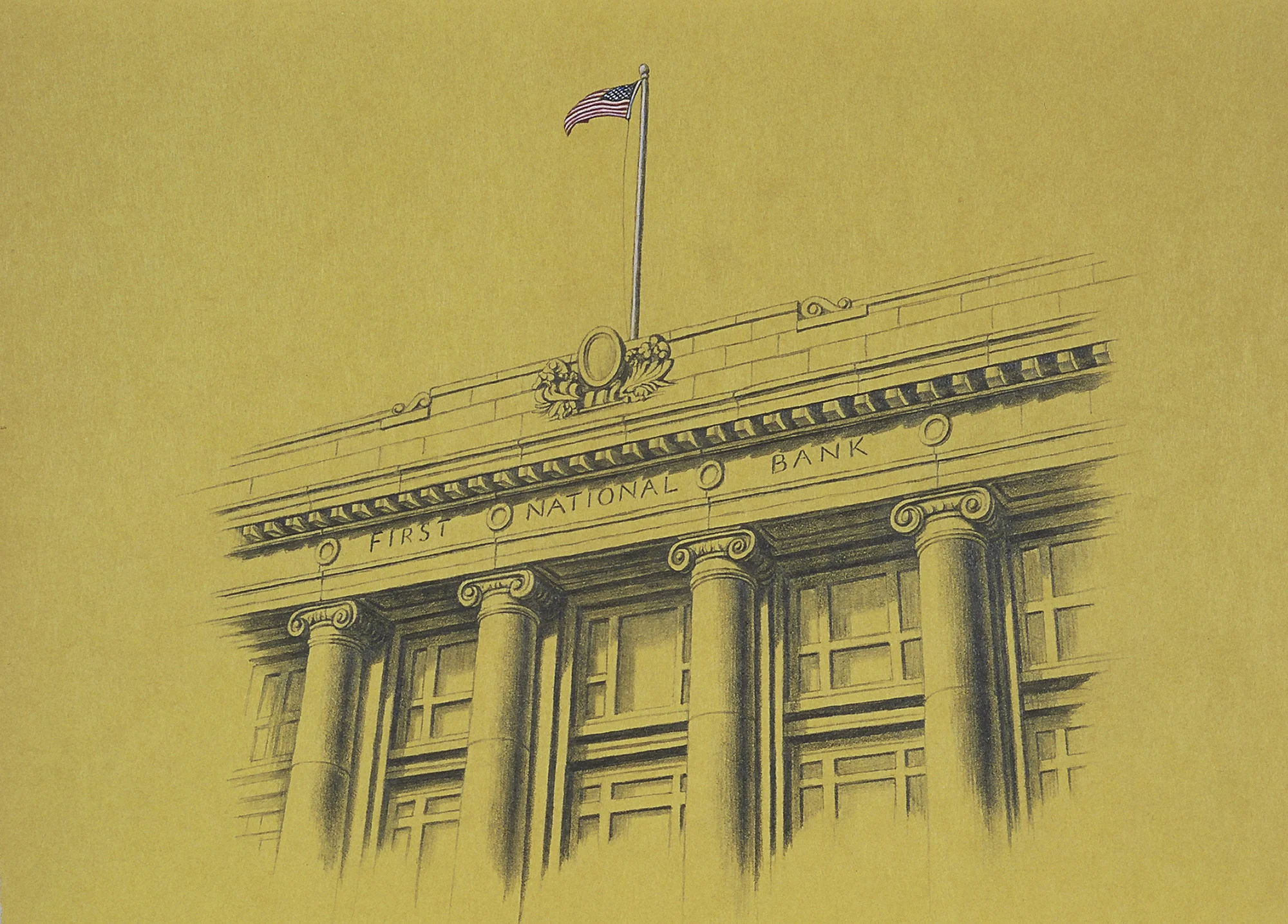1st National Bank Building, 10"x10", 2012, Graphite and Oil Pigment on Paper, Private Collection