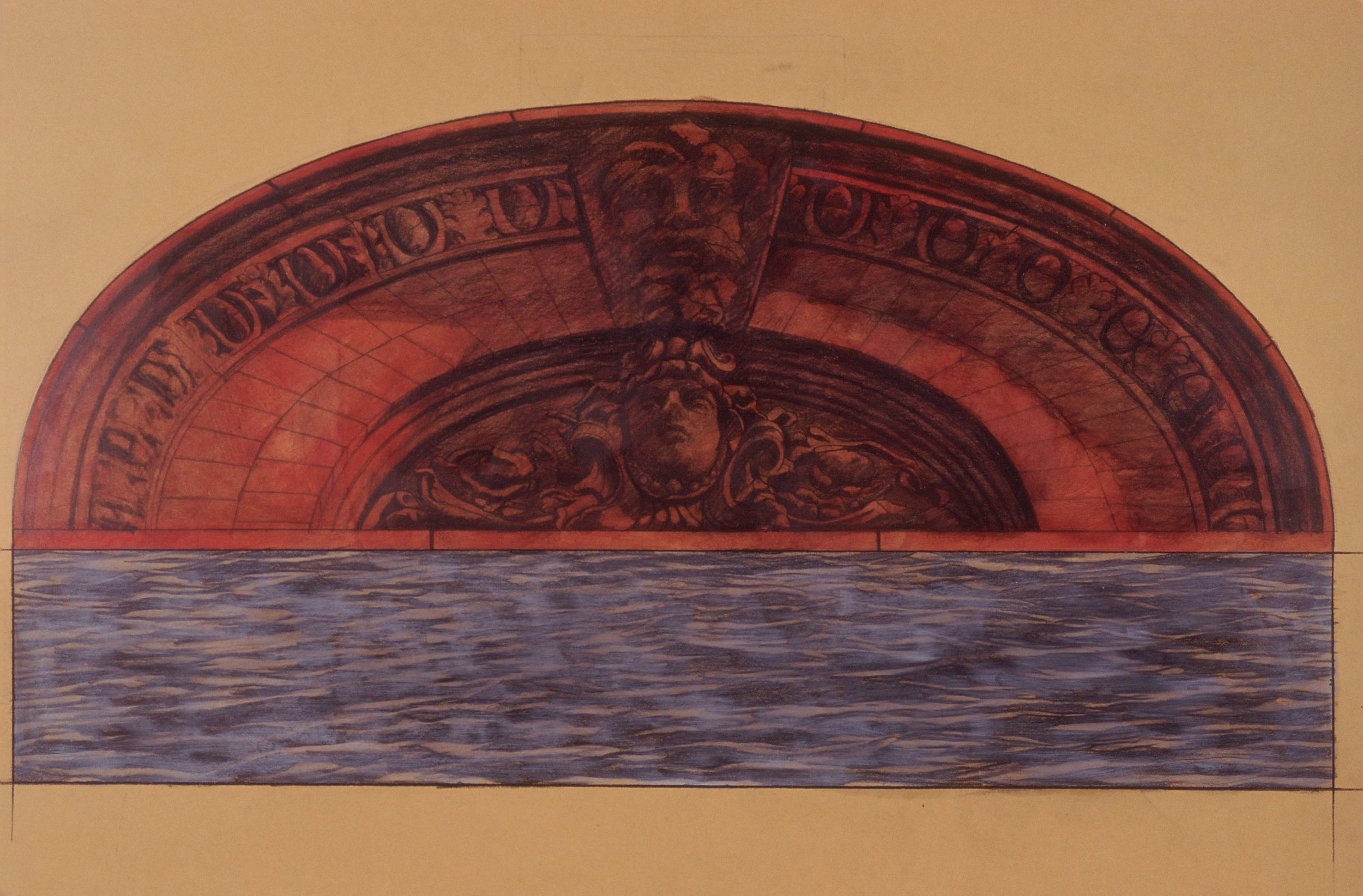  Heads and Water, 12"x20", 2000,&nbsp;Grease Pencil, Oil Pigment and Wax on Paper, Private Collection 