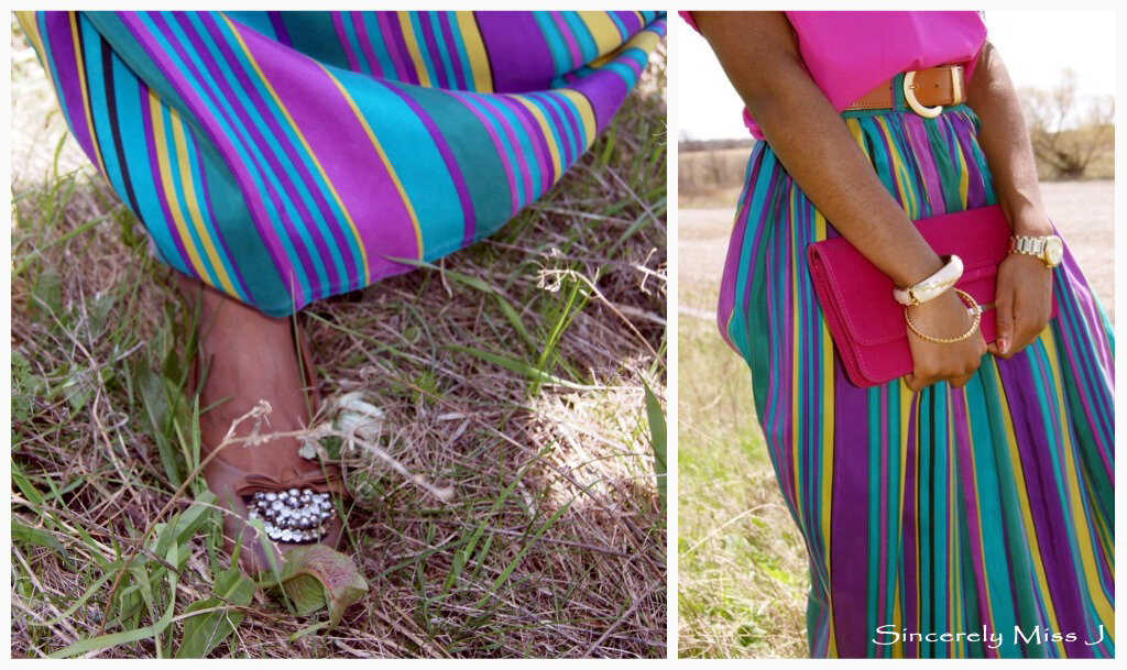  A photo collage  a close up of sandals  standing in grass. The second photo shows a close up of a dark skinned woman standing to the side, holding a fuchsia bag.  