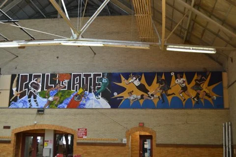   "Colgate Sports" Before (Existing murals in disrepair)  