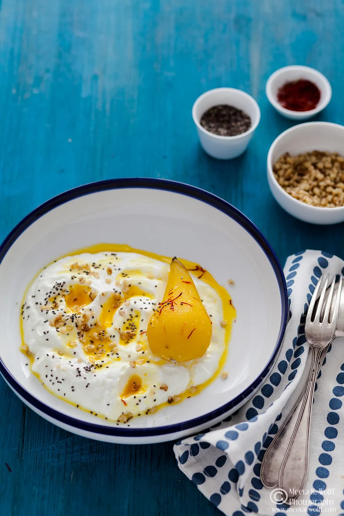 Saffron Green Tea Poached Pears with Skyr