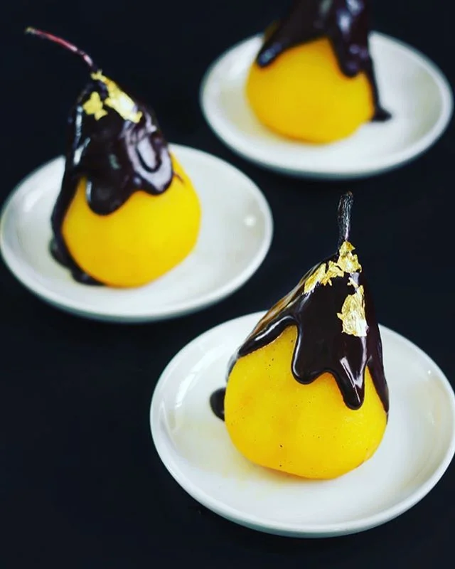 Saffron Poached Pears with Chocolate