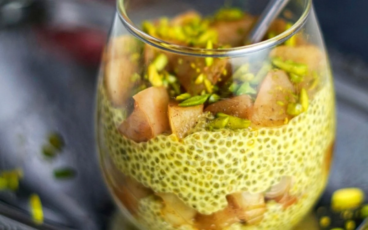 Saffron Rosewater Chia Pudding With Apple Compote 