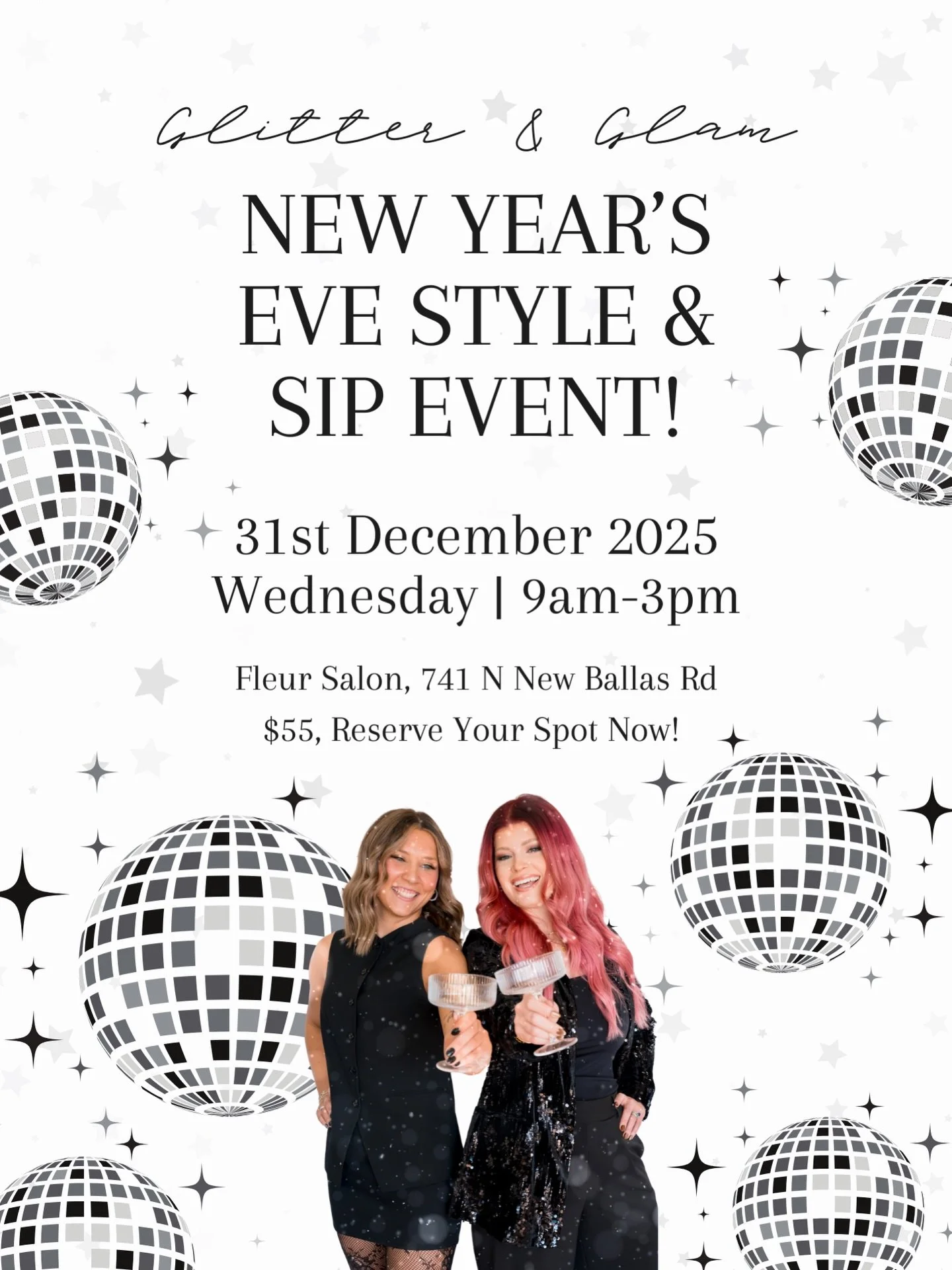 Bring on the glam ✨🍾
We&rsquo;re popping bubbles and perfecting your hair for NYE! 🎉

For one day only, Fleur Salon is hosting our Style &amp; Sip Event that will include luxe blowouts, sparkly vibes, and a champagne moment with your bestie. 💁🏼&z