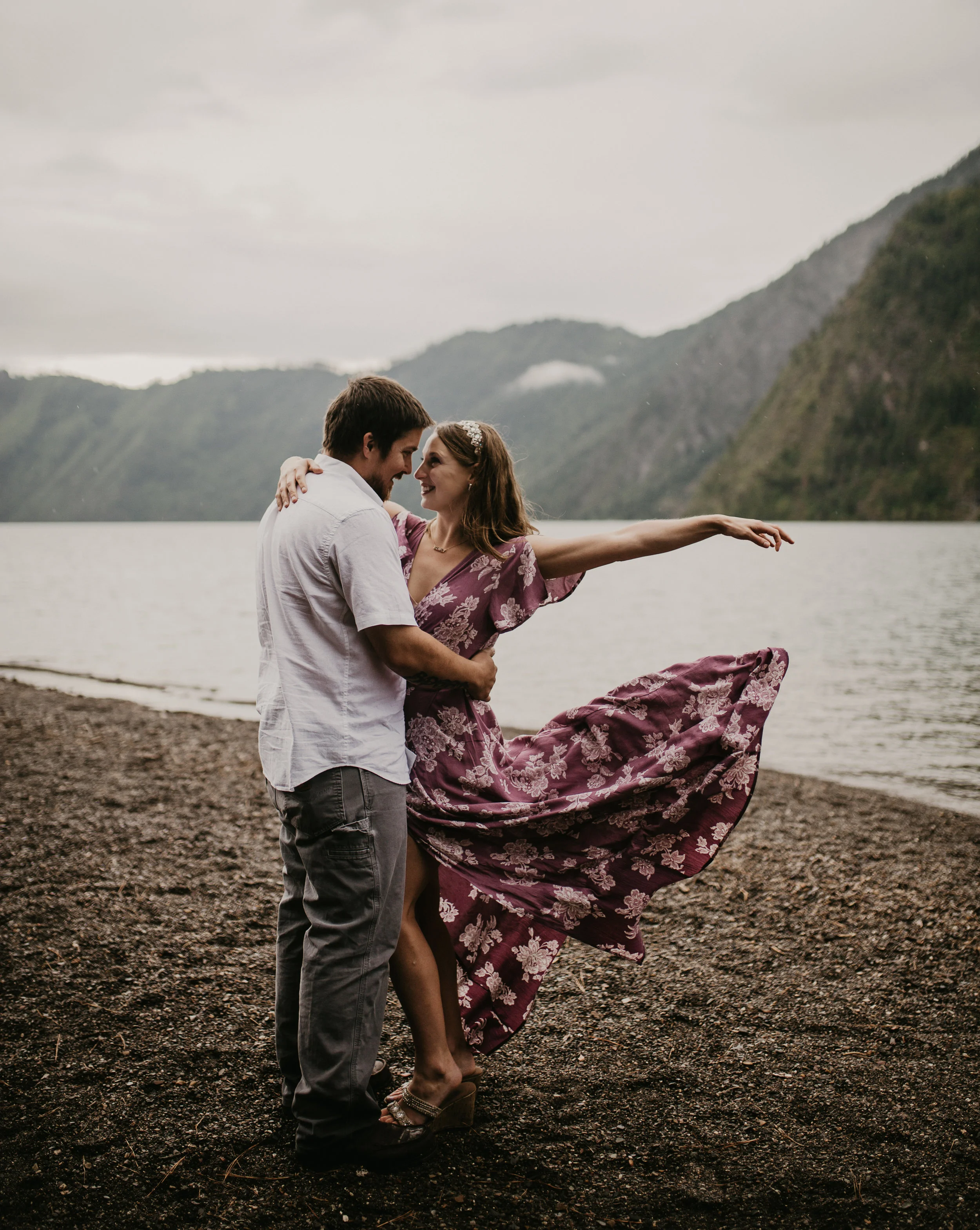 Bride letting her train catch the wind during a photoshoot