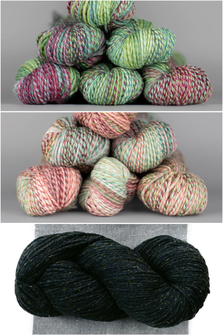 3 imags of yarn in shades of green, pink, magenta, and black with flecks of green.