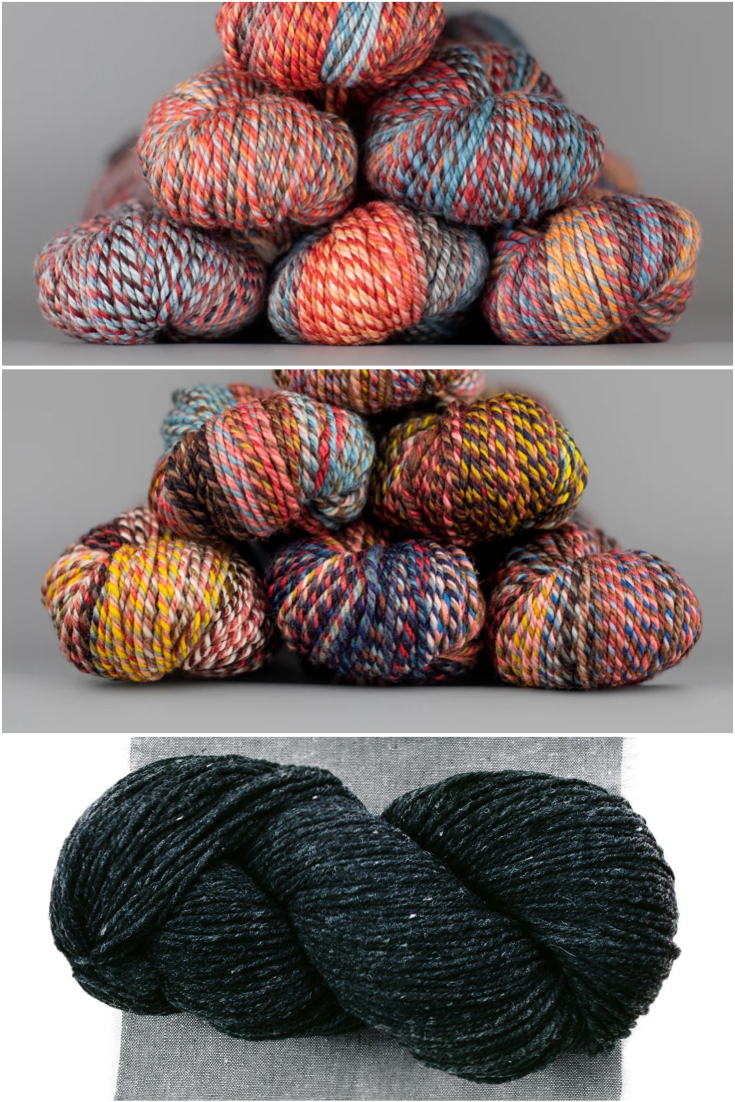 3 images of yarn in shades of red, orange, blue, gold, and black with flecks of white.