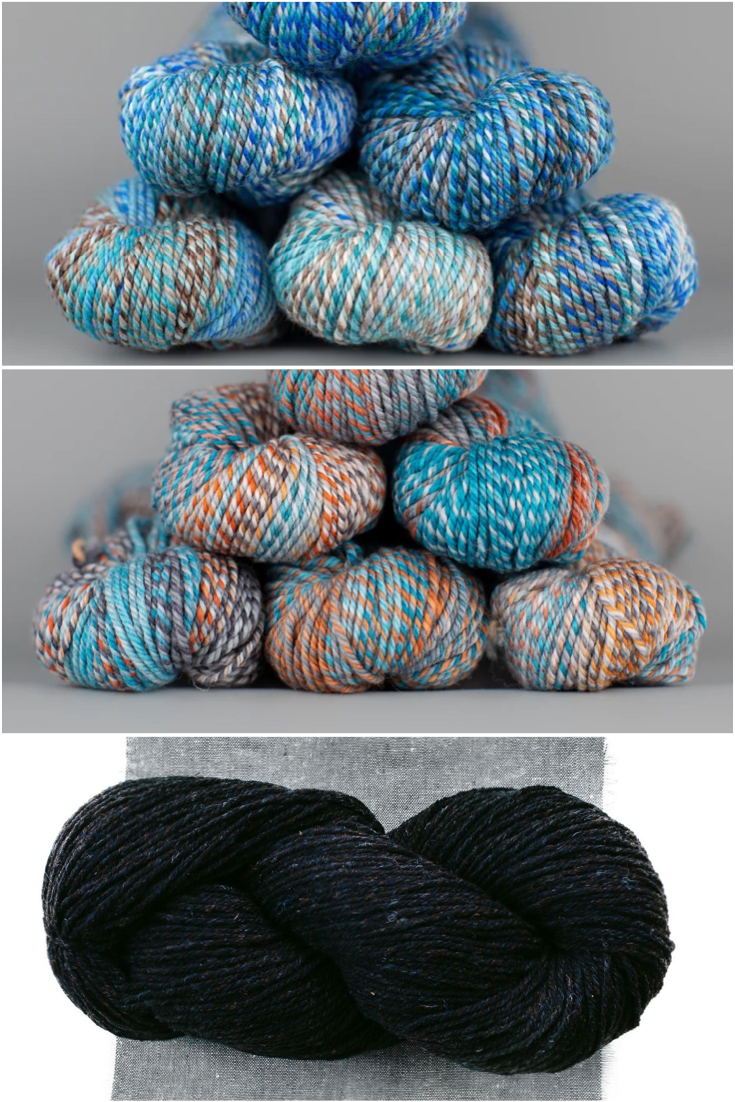 3 images of yarn in shades of blue, grey, orange, white, and black with flecks of blue.