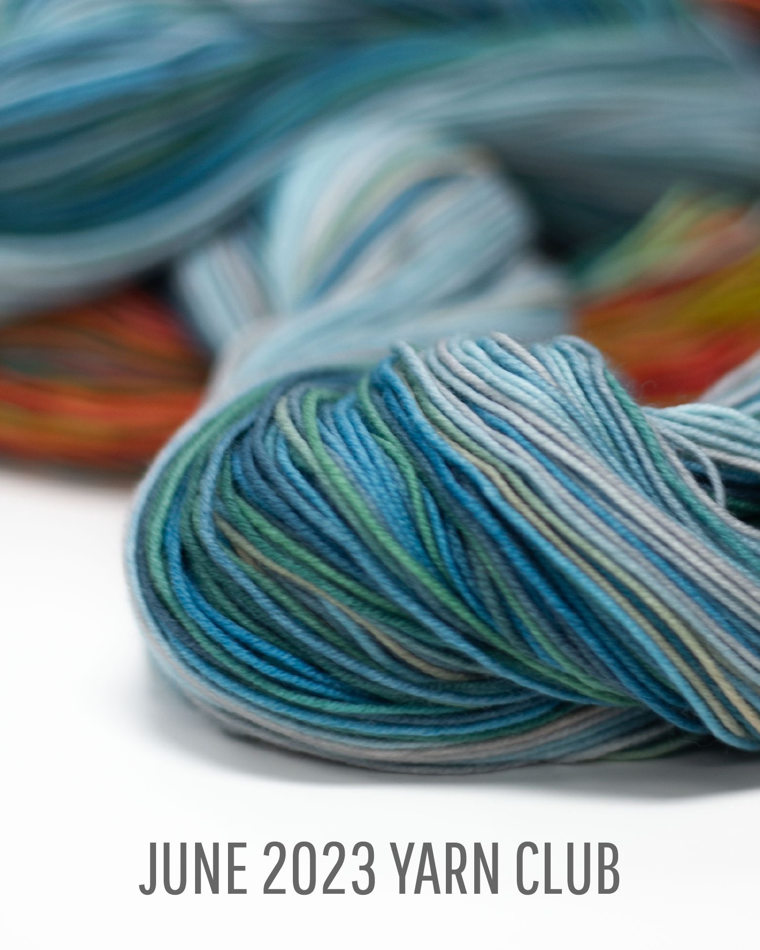 A hank of yarn in shades of blue and teal is draped artistically on a white background. Text reads, “June 2023 Yarn Club.”
