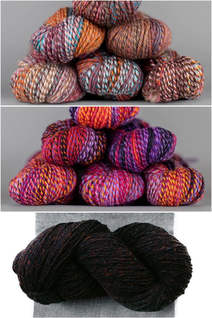 3 images of yarn in shades of rusty red, pale blue, orange, hot pink, purple, and black with flecks of red.