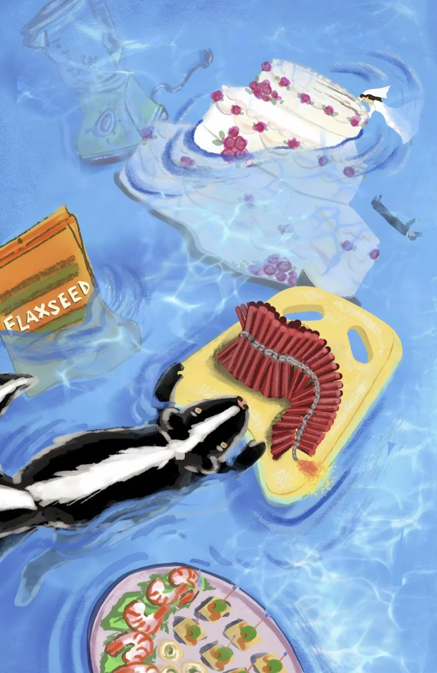 Back cover of Troublemakers - Spring Break Stories: Palm Springs by Gregg Maxwell Parker, featuring items thrown in a pool: wedding cake, blender, firecrackers, blender.