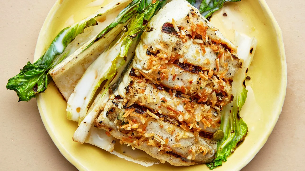 GRILLED HALIBUT AND BOK CHOY WITH COCONUT-LIME DRESSING