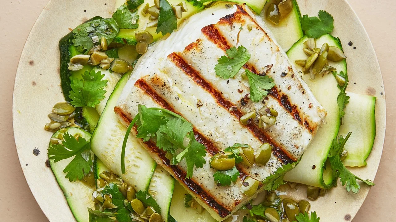Grilled Halibut and Summer Squash with Pumpkin Seeds