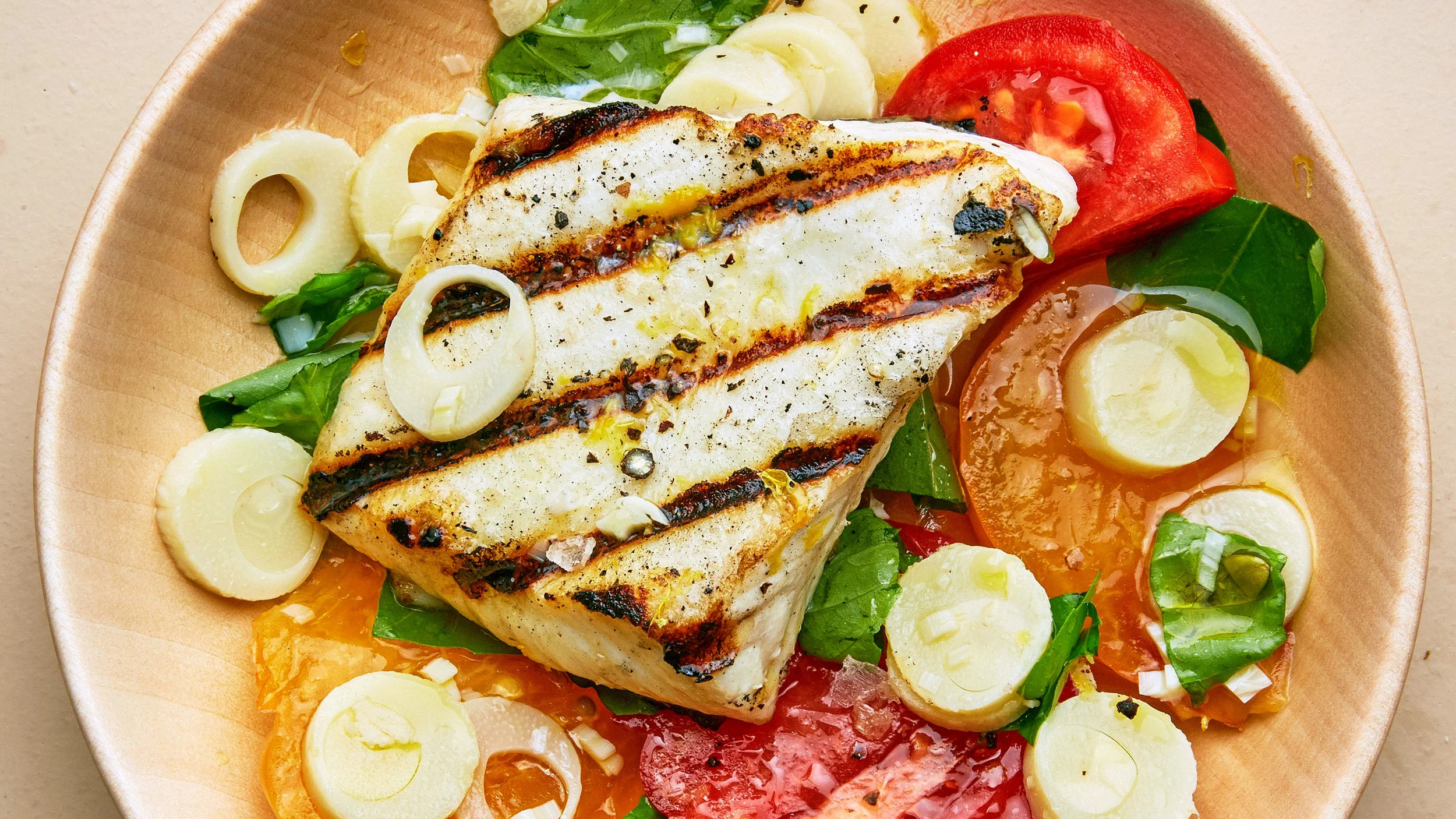 Grilled Halibut with Tomatoes and Hearts of Palm