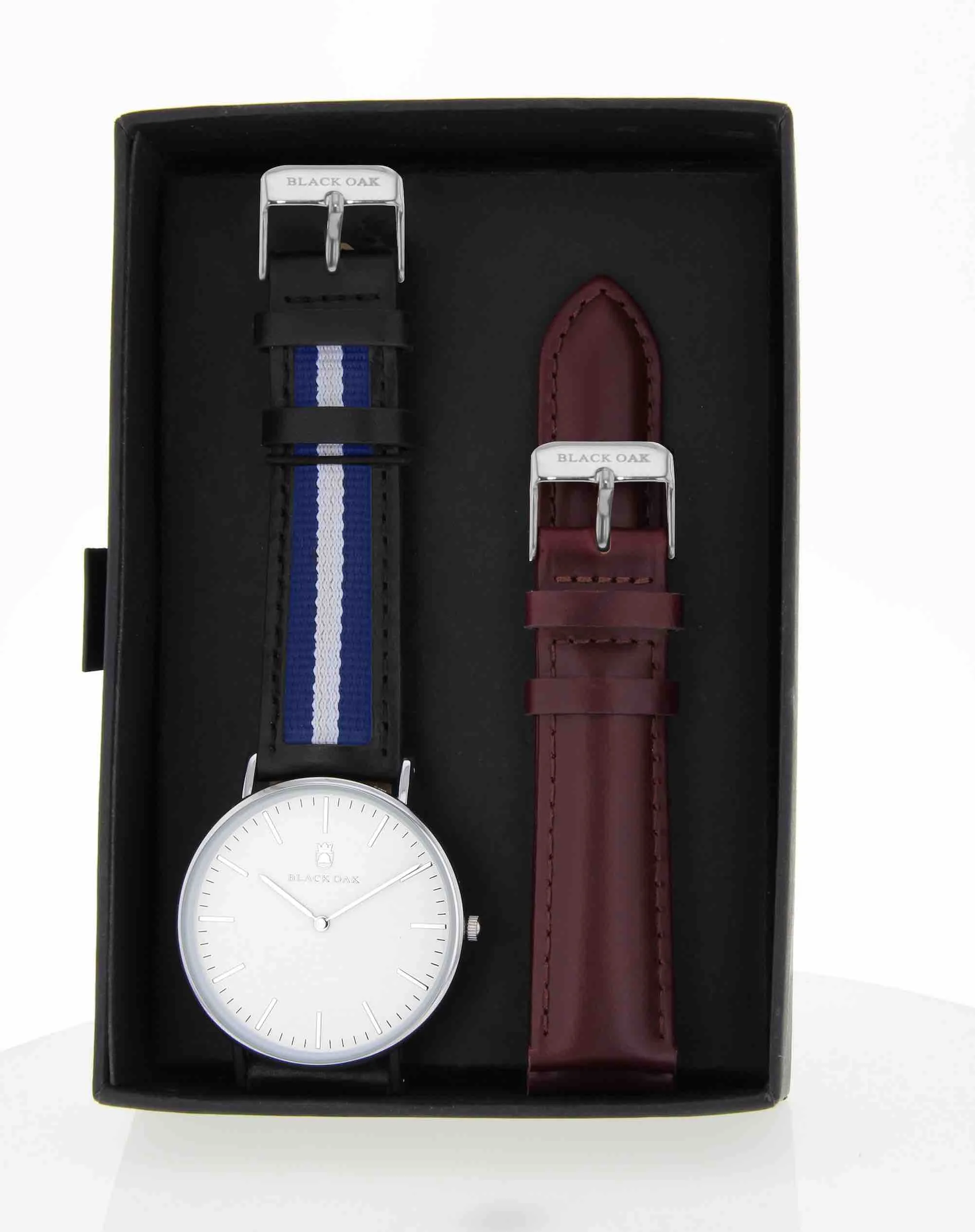 montre_blackoak_bx58904set_137.jpg | Bracelet Noir Bleu Blanc - Boitier Argent - Bracelet Interchangeable Bordeaux