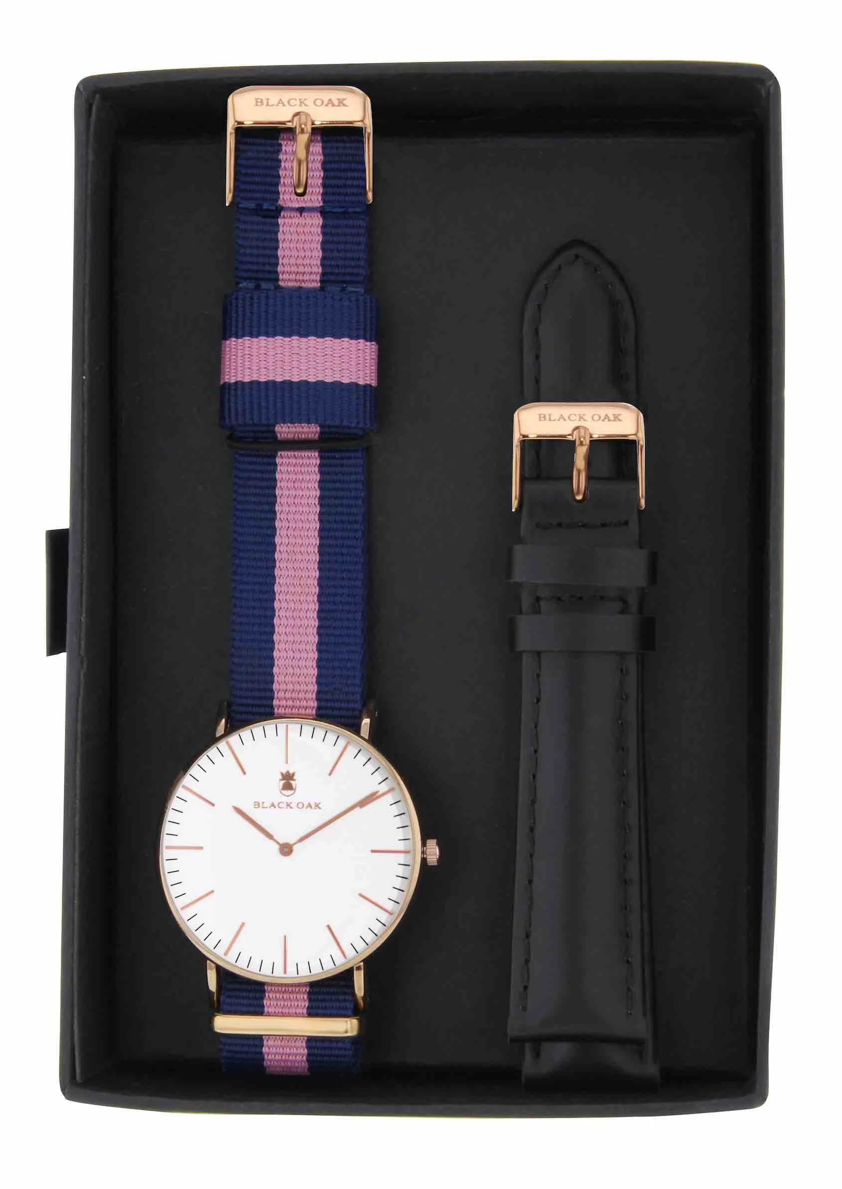 montre_blackoak_bx59904rset_009 | Bracelet bleu rose - Boitier dore - Cadran blanc avec bracelet interchangeable noir
