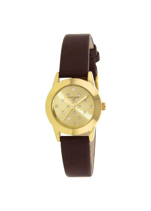 montre_femme_naf_naf_N10582g_105.jpg | Bracelet marron - Boitier doré - Cadran doré