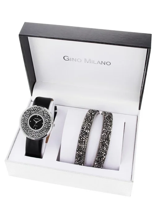 coffret_cadeaux_bracelet_femme_montre_gino_milano_MWF14_002_B.jpg | Bracelet noir - Boitier argent - Cadran noir métallique avec bracelet noir métallique