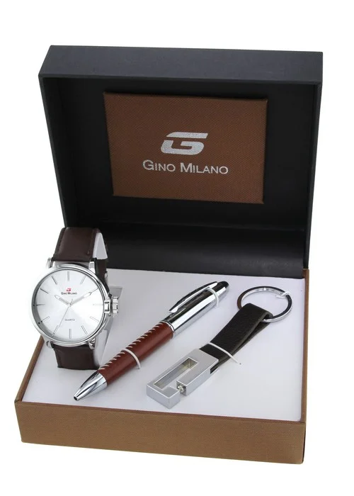 coffret_stylo_homme_montre_gino_milano_MWF14_069_B.jpg | Bracelet marron - Boitier argent - Cadran blanc