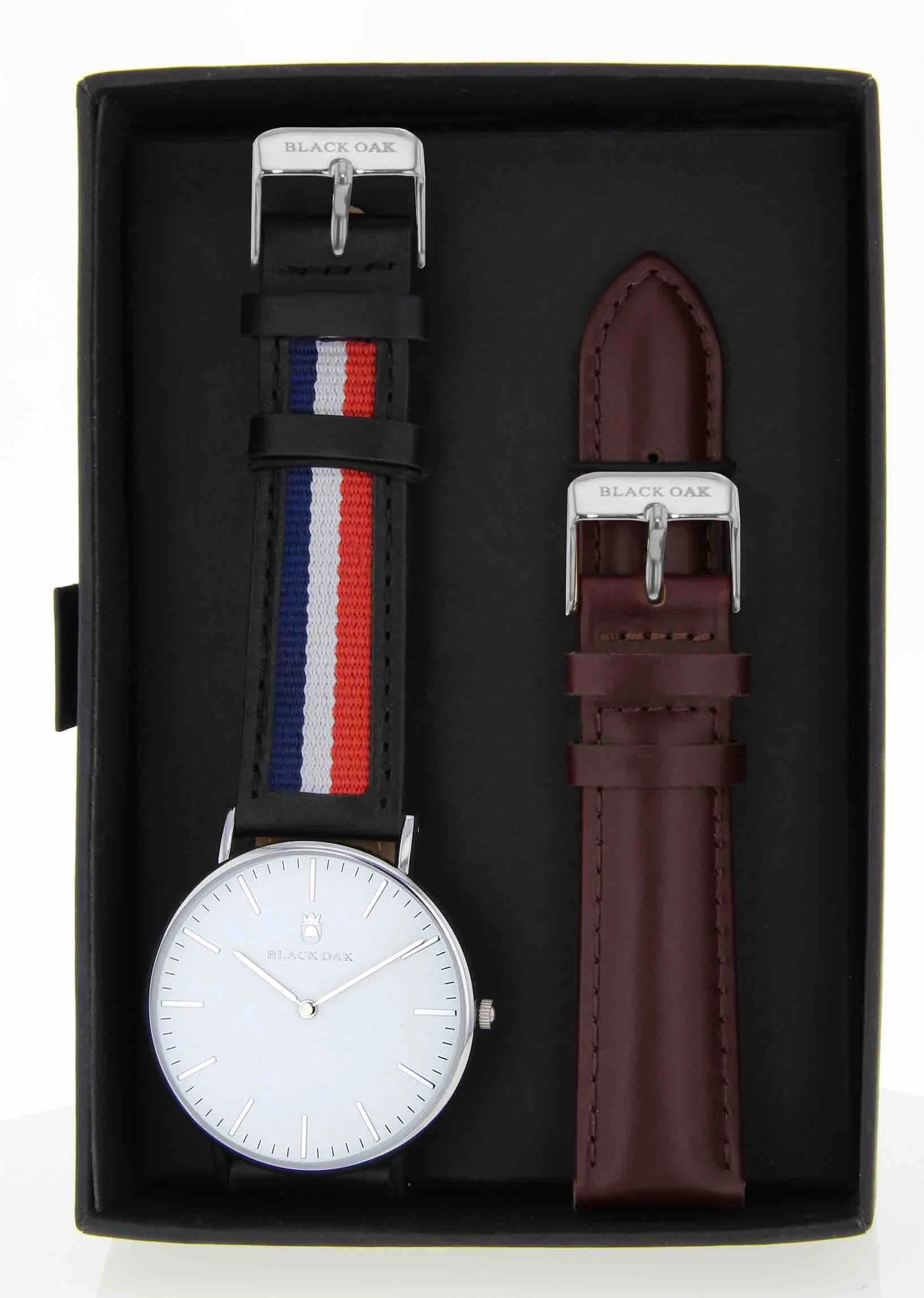 Montre homme black oak bracelet interchangeable BX58904SET-138 | Bracelet Noir Bleu Blanc Rouge - Boitier Argent - Bracelet Interchangeable Bordeaux