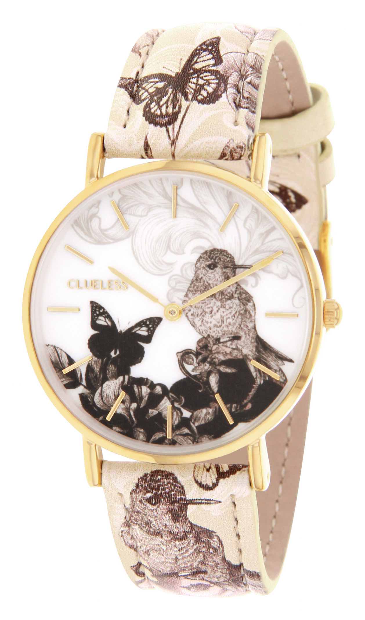 montre clueless femme doré BCL10031-029 | Bracelet multicolore blanc salé - Boitier doré - Cadran blanc avec oiseau et papillon