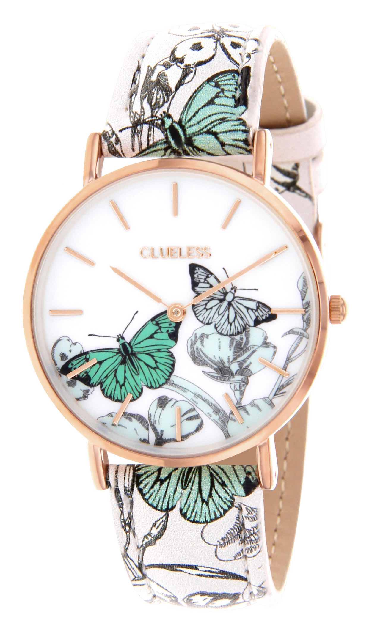 montre clueless femme papillon BCL10031-028 | Bracelet multicolore blanc salé - Boitier doré - Cadran blanc avec oiseau et papillon