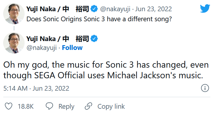 Did Sonic 3 have music by Michael Jackson? Tweets from Yuji Naka