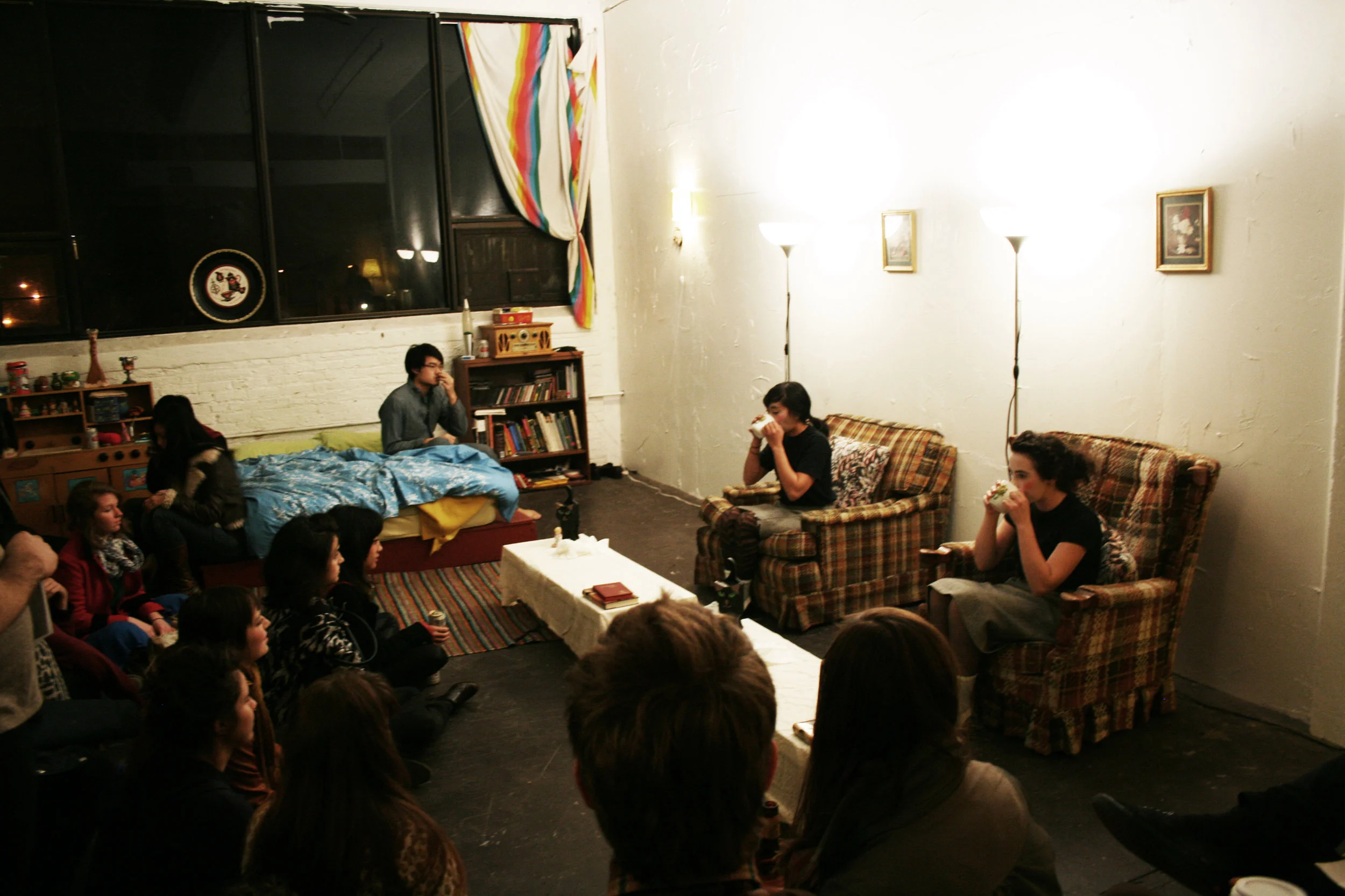  A series of isolated scenes — abstractions of everyday life and everyday fantasies — unfolding in various rooms throughout a warehouse apartment. The audience is guided from room to room to experience or take part in each scene. 
