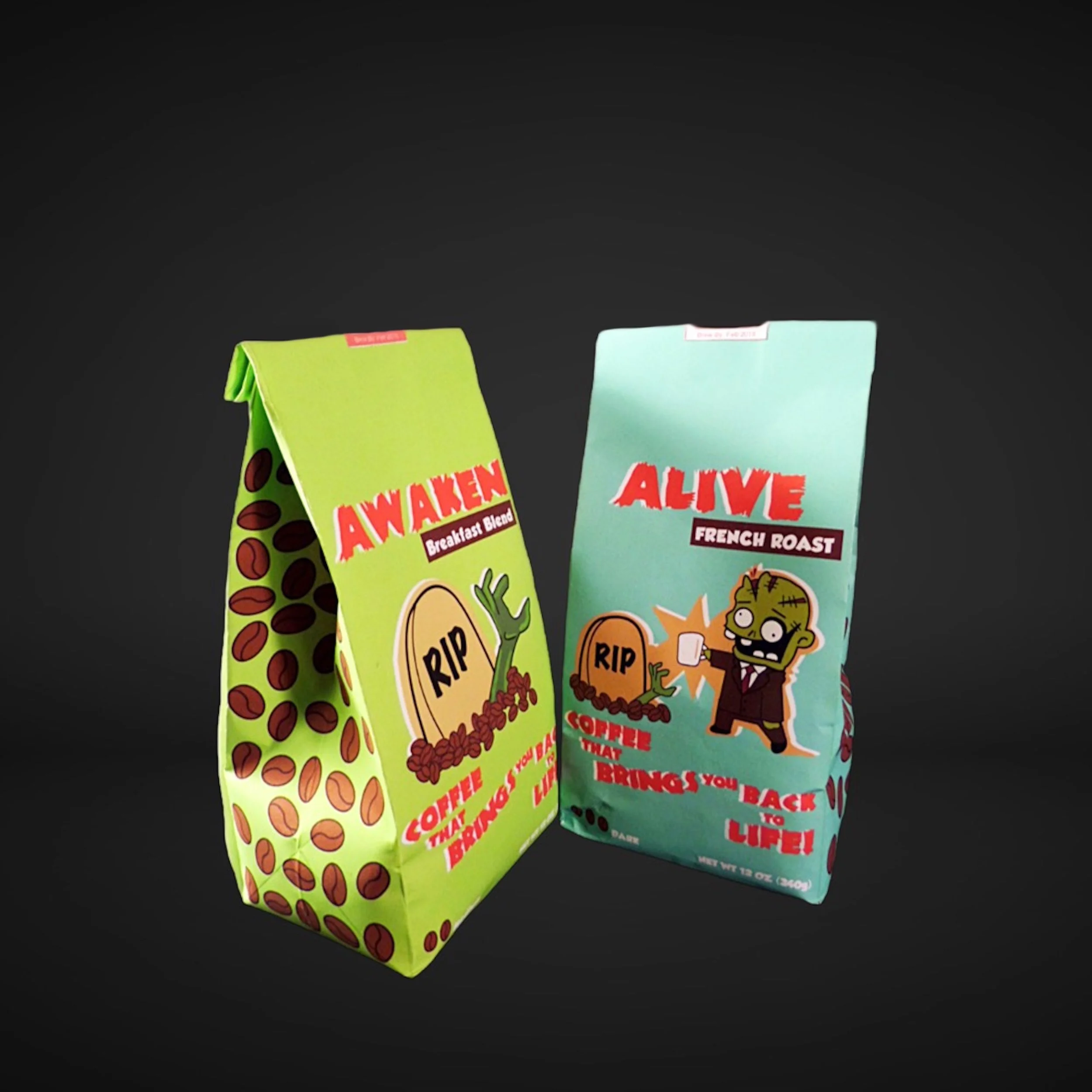  I designed a fictitious coffee package for a project. I wanted to design a non-traditional coffee package, so I illustrated a zombie theme coffee package.  