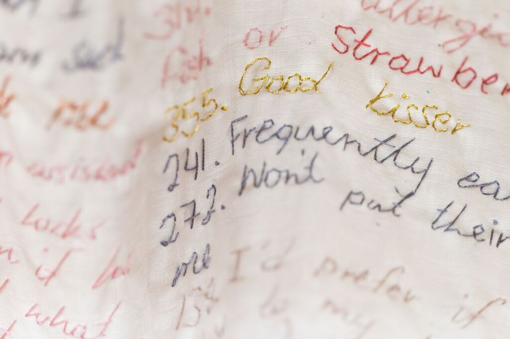 Christina Peek, I love the idea of you (detail) , 2015, cotton, cotton thread, Australian oak, 180 x 51cm, photograph James Field, courtesy of Adelaide Central School of Art