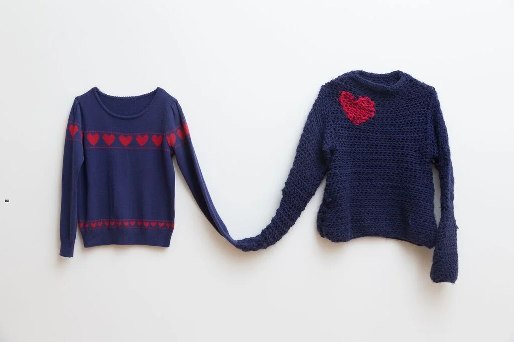 Christina Peek, The Love Jumpers , 2015, artist's own jumper, wool, cotton thread, dimentions variable, photograph James Field, courtesy of Adelaide Central School of Art