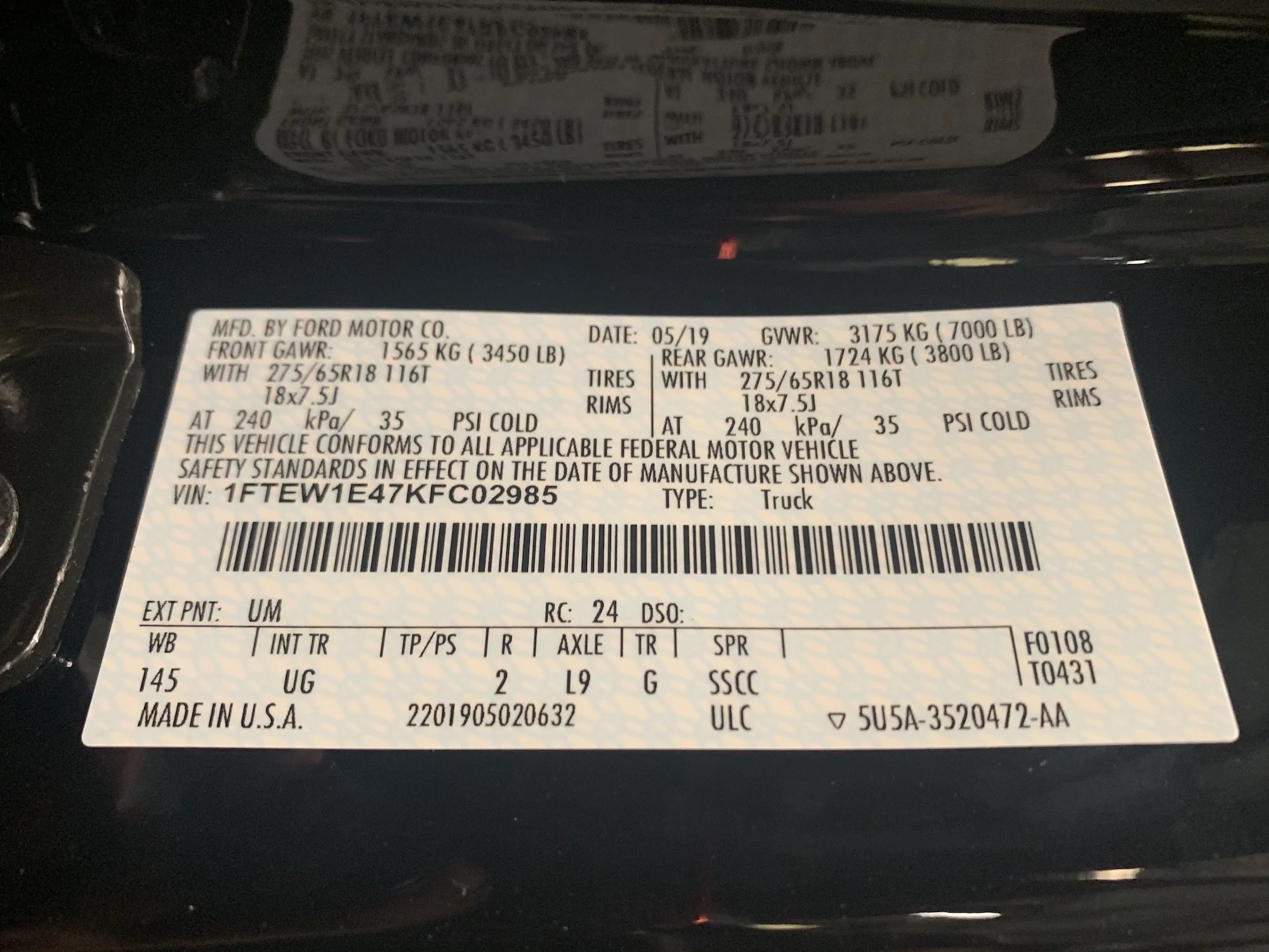VIN # located on the driver’s side door / door-post