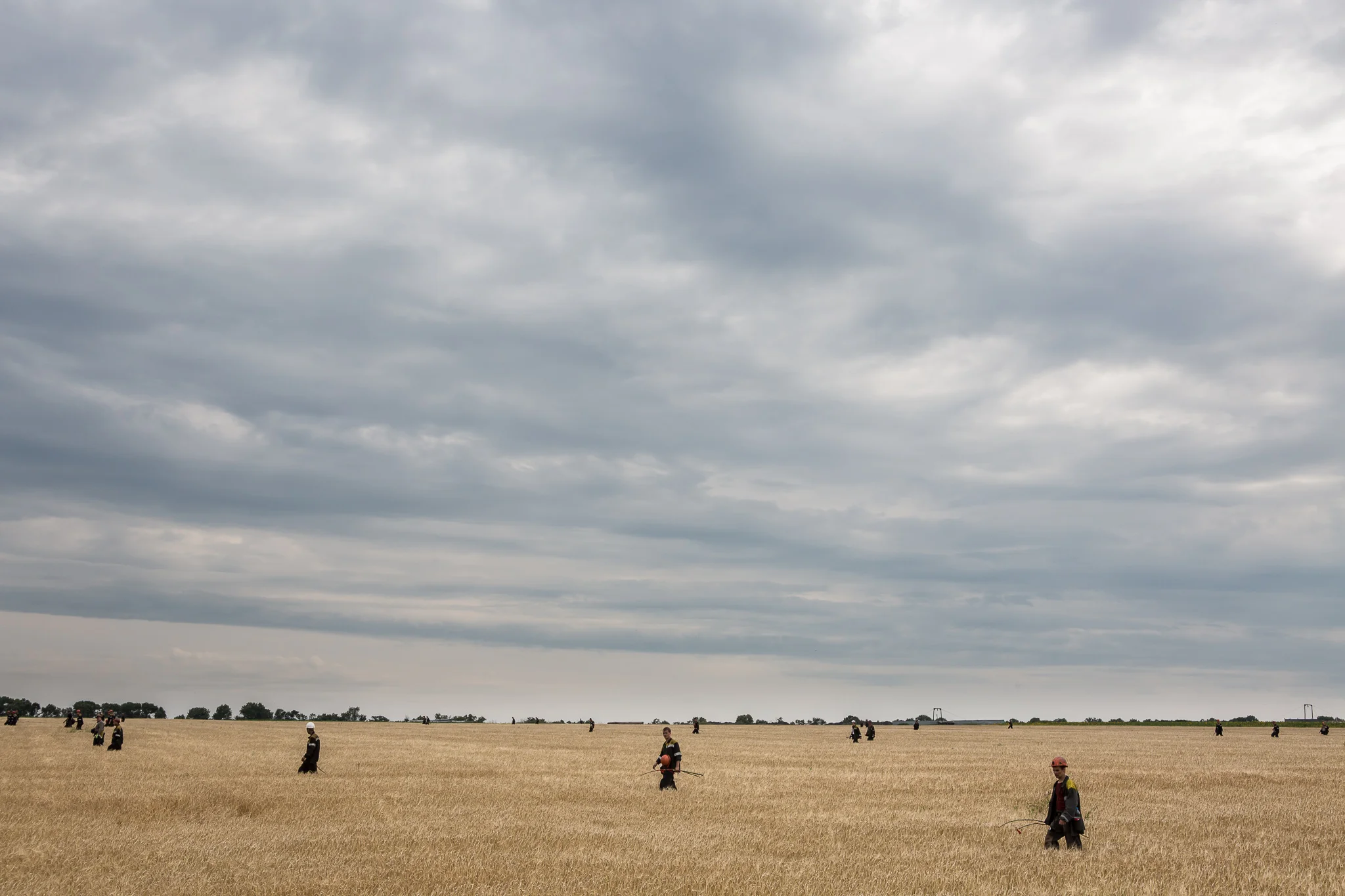 A group of off-duty coal miners searches a wheat field looking for remnants of Malaysia Airlines flight MH 17 on July 19, 2014 in Grabovo, Ukraine. The flight was traveling from Amsterdam to Kuala Lumpur when it crashed killing all 298 on board including 80 children. The aircraft was allegedly shot down by a missile and investigations continue over the perpetrators of the attack.