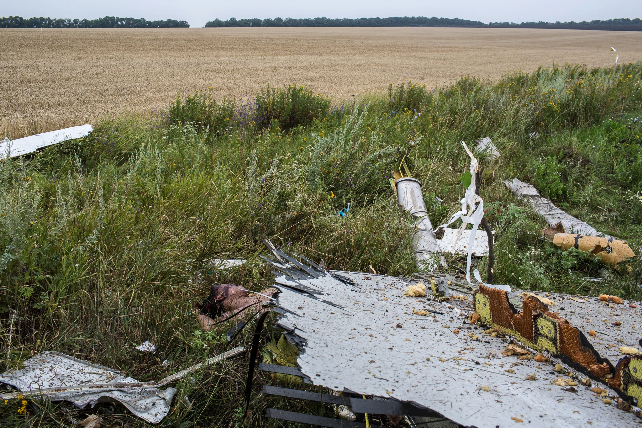 The body of a victim of the crash of Malaysia Airlines flight MH17 lie in a field on July 18, 2014 in Grabovo, Ukraine. Malaysia Airlines flight MH17 travelling from Amsterdam to Kuala Lumpur has crashed on the Ukraine/Russia border near the town of Shaktersk. The Boeing 777 was carrying 298 people.