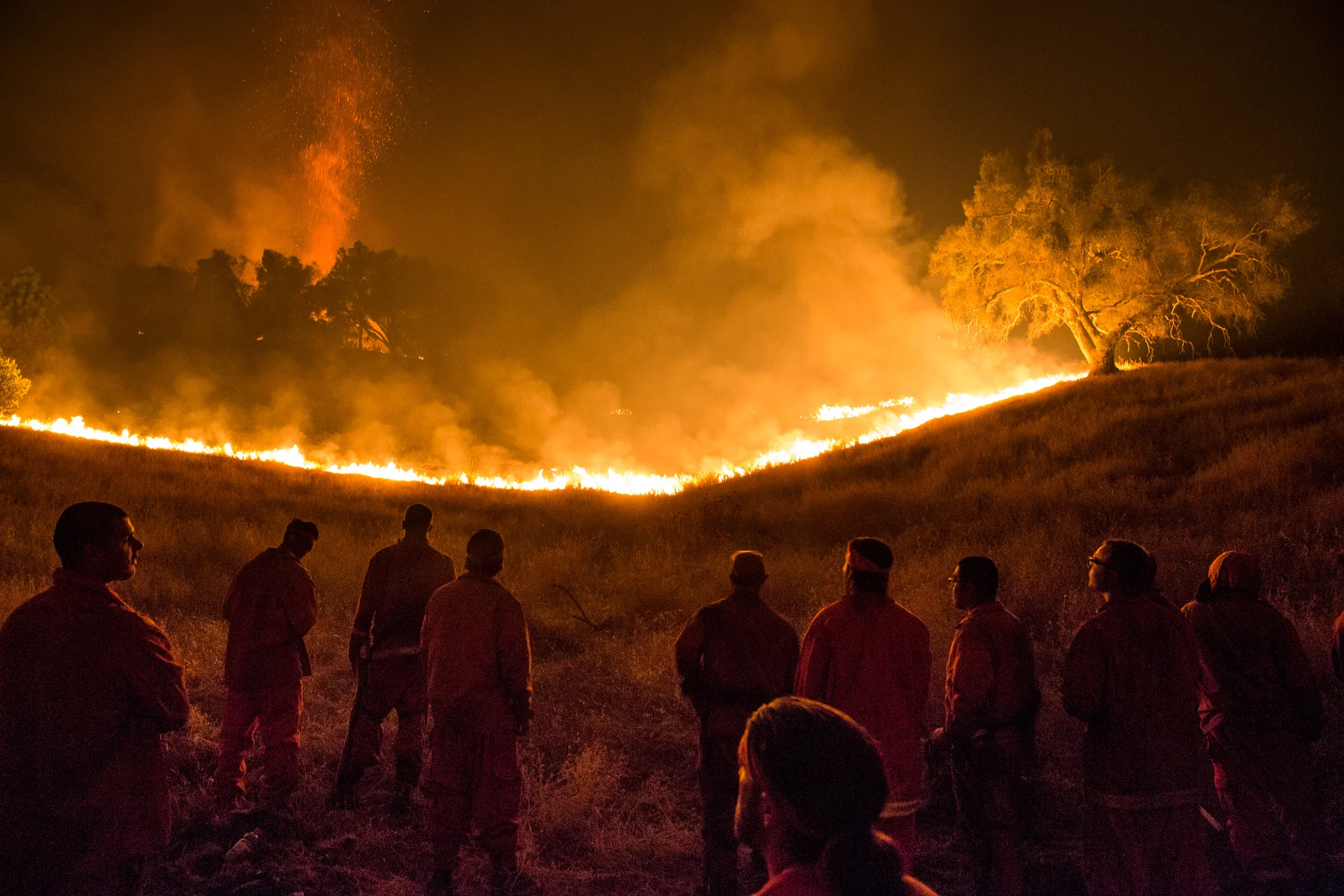 The Antelope convict crew watch as the Butte Fire approaches their fire line near San Andreas, California, September 12, 2015.