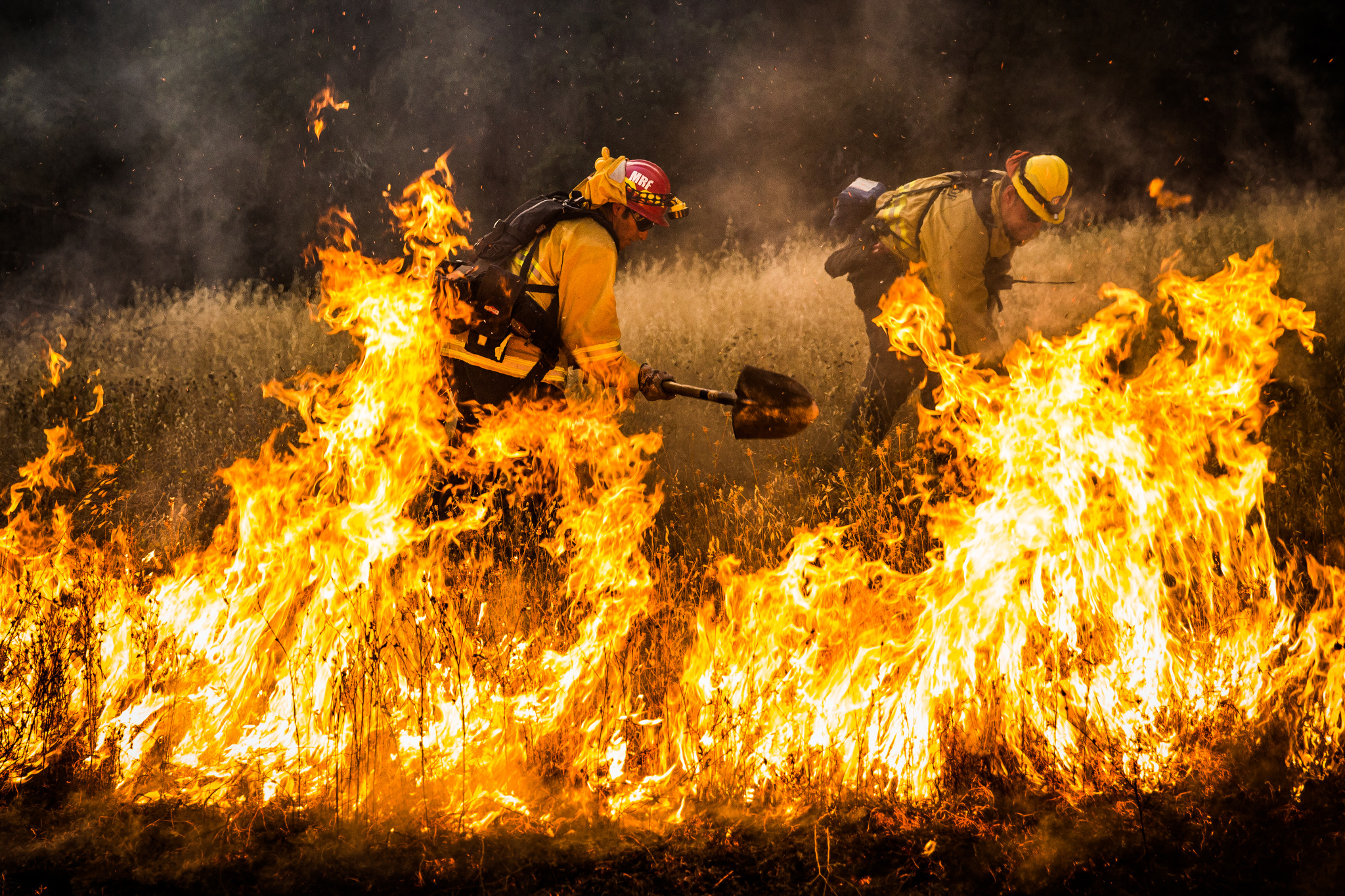  Firefighters dig a fire line around a spot fire on the Rocky Fire in Lake County, California on July 30, 2015. As of August 5, the fire had consumed 69,600 acres and is one of 23 wildfires burning in California. 