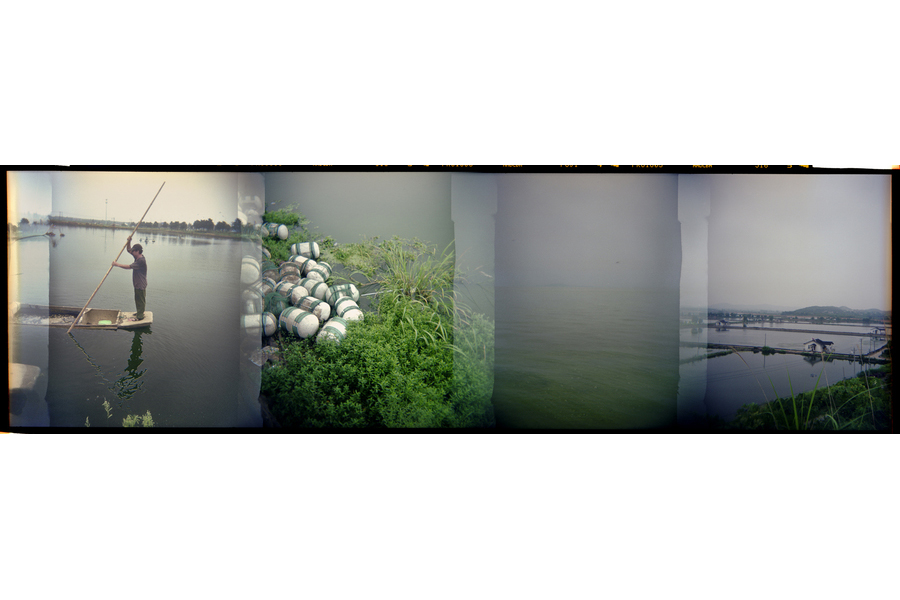 Sequence from left: A fish farmer working outside of Wuxi. Buoys near the Wu Jing Aquaculture Farm. The polluted waters of Taihu Lake. A fish farm at San Men Hu near Wuhan. (Dominic Bracco II / Prime for Mongabay)