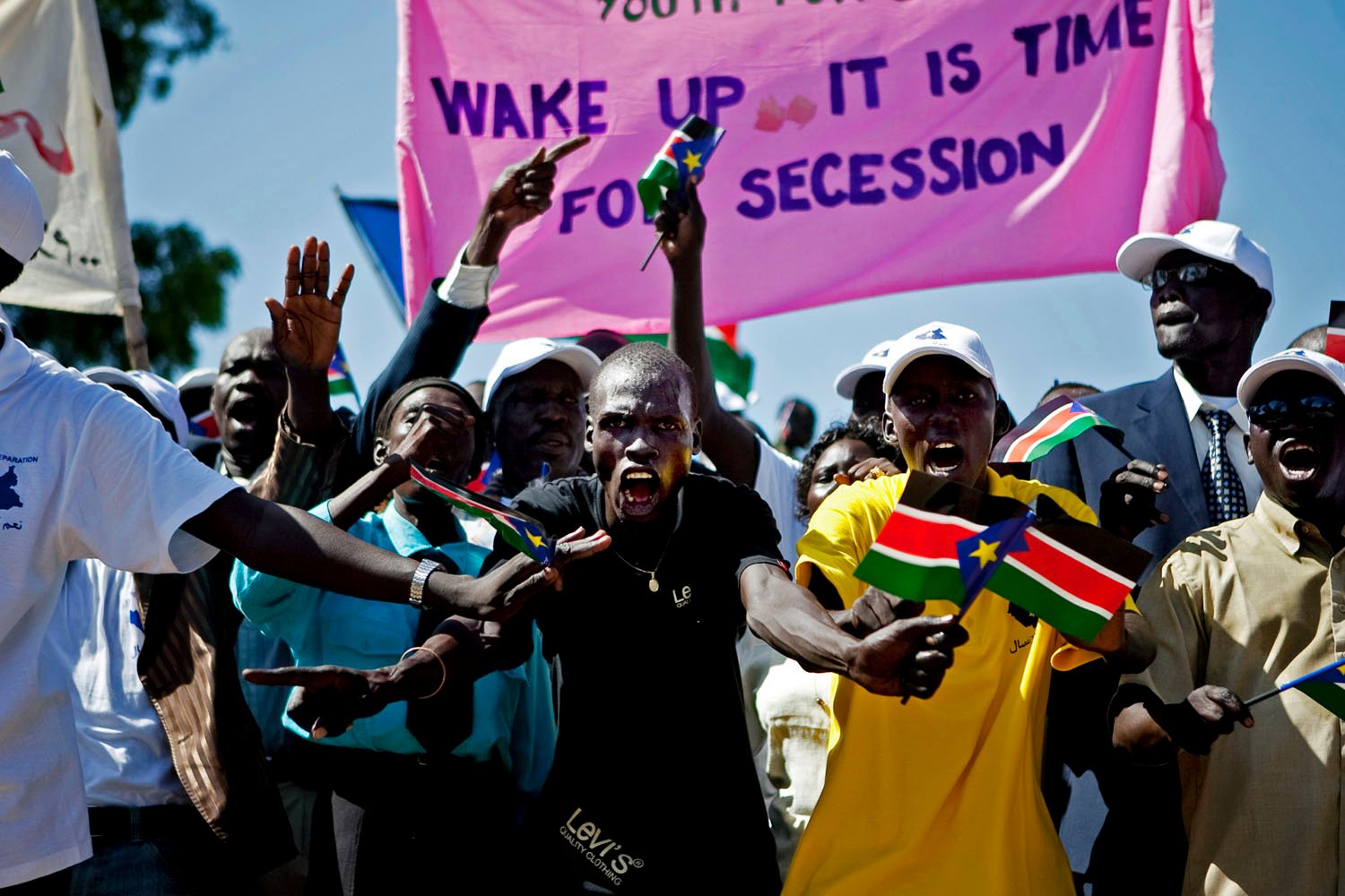  Southern Sudanese youth rally for secession in the capital city of Juba. Throughout 2010, youth movements campaigned heavily to bolster support for southern independence in the lead up to a referendum in January 2011. 