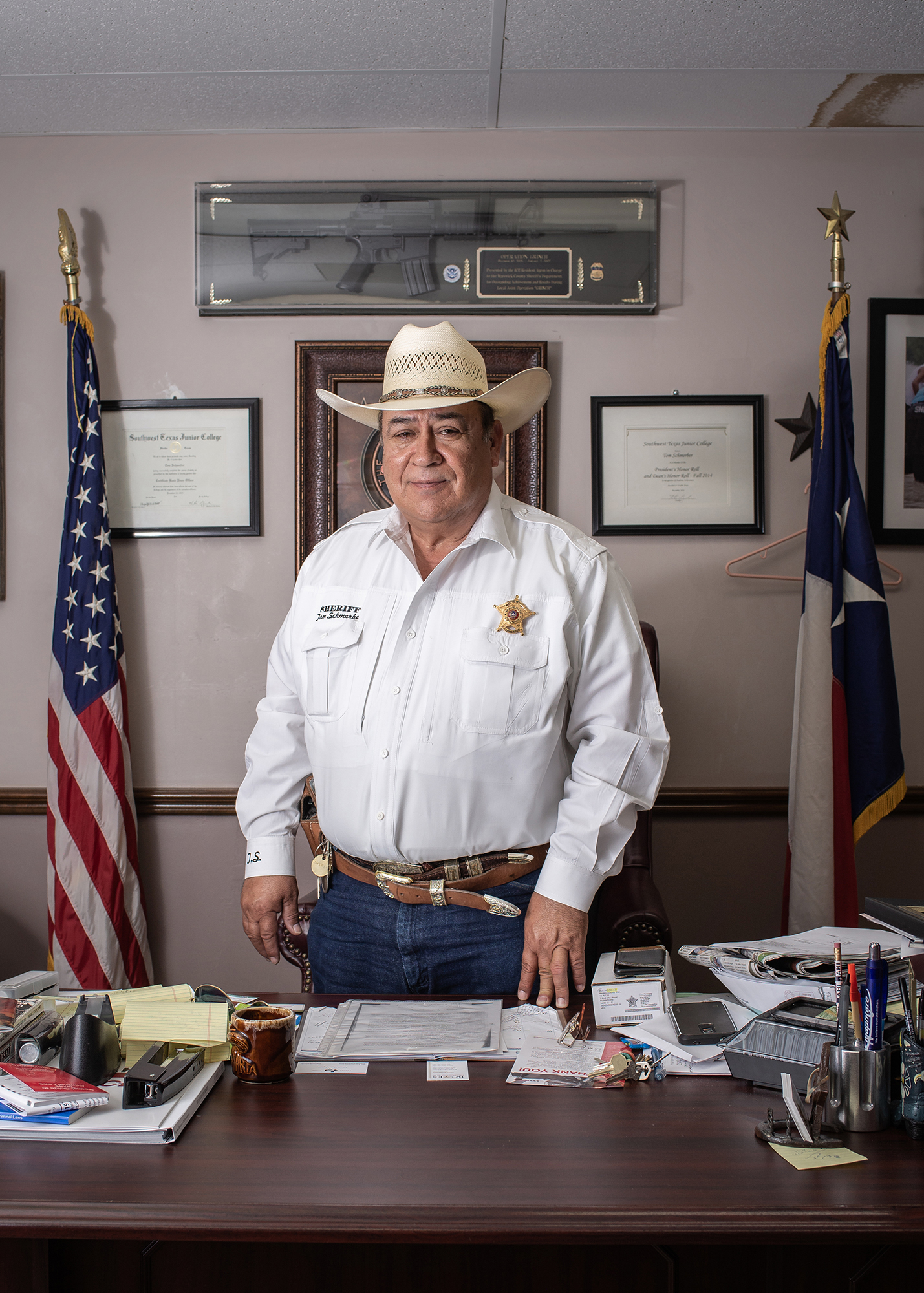  Portrait of Maverick County Sheriff Tom Schmerber. Sheriff Schmerber presents himself against Trump's measures against immigrants and declares "Maybe they are just looking for a better life." Eagle Pass, Texas, United States. June 22nd, 2018. Photog