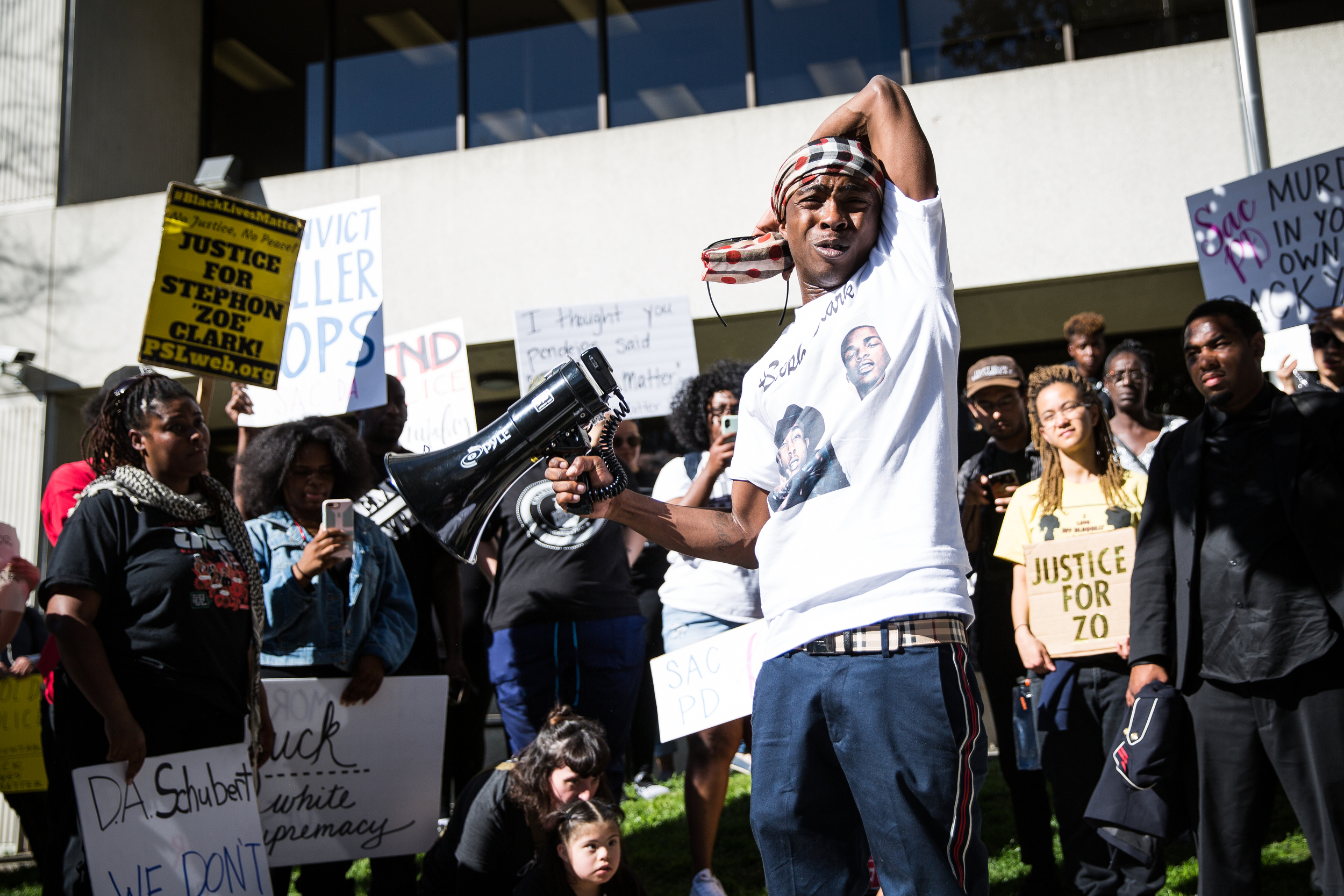  Stevante Clark, Stephon Clark's brother, expresses his grief and frustration at a Black Lives Matter protest outside the Sacramento District Attorney's office on March 28, 2018. Nearly a later, DA Anne Marie Schubert would refuse to charge the two o