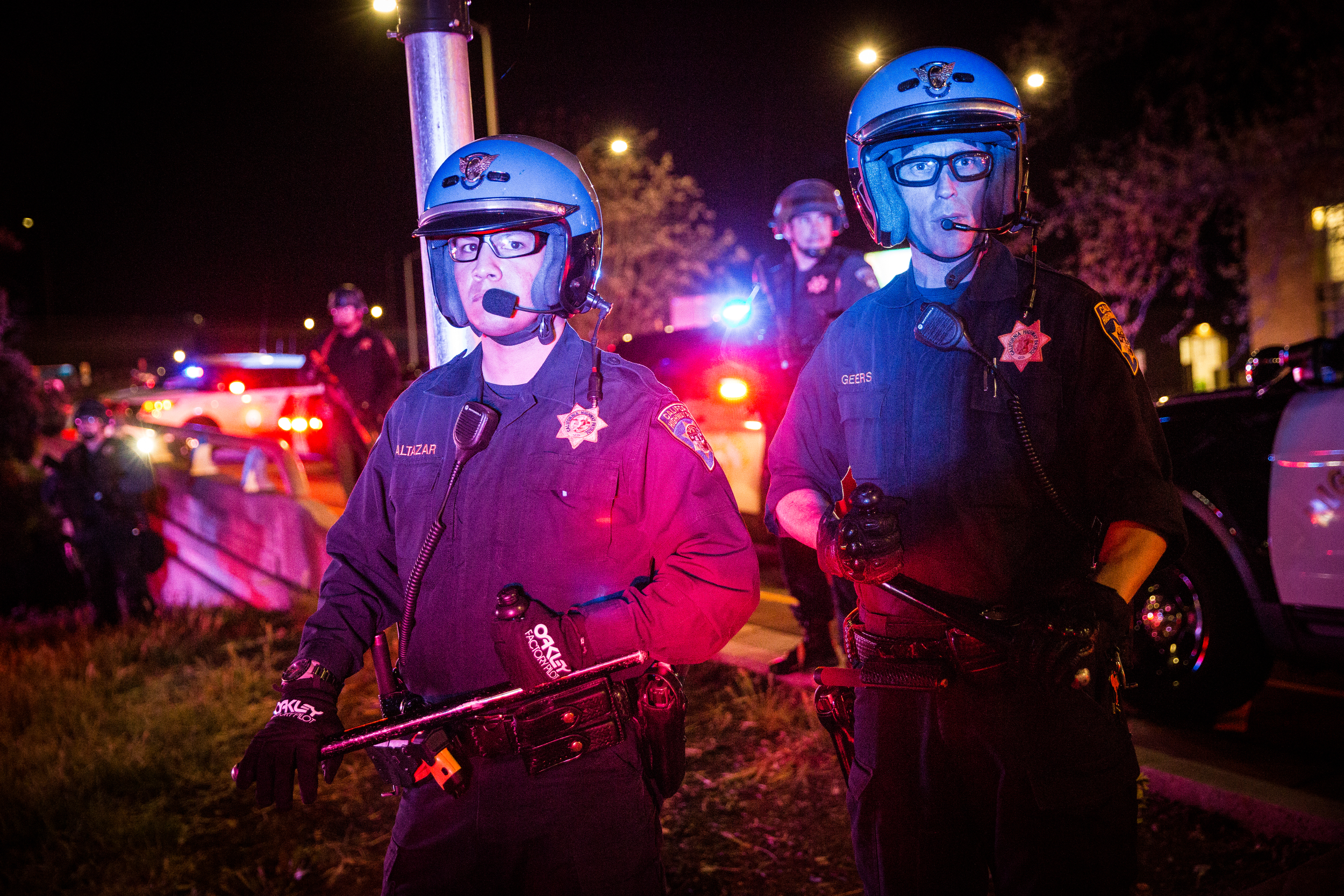  California Highway Patrol Officers block Black Lives Matter protestors from marching onto Interstate 5 on March 30, 2018. 